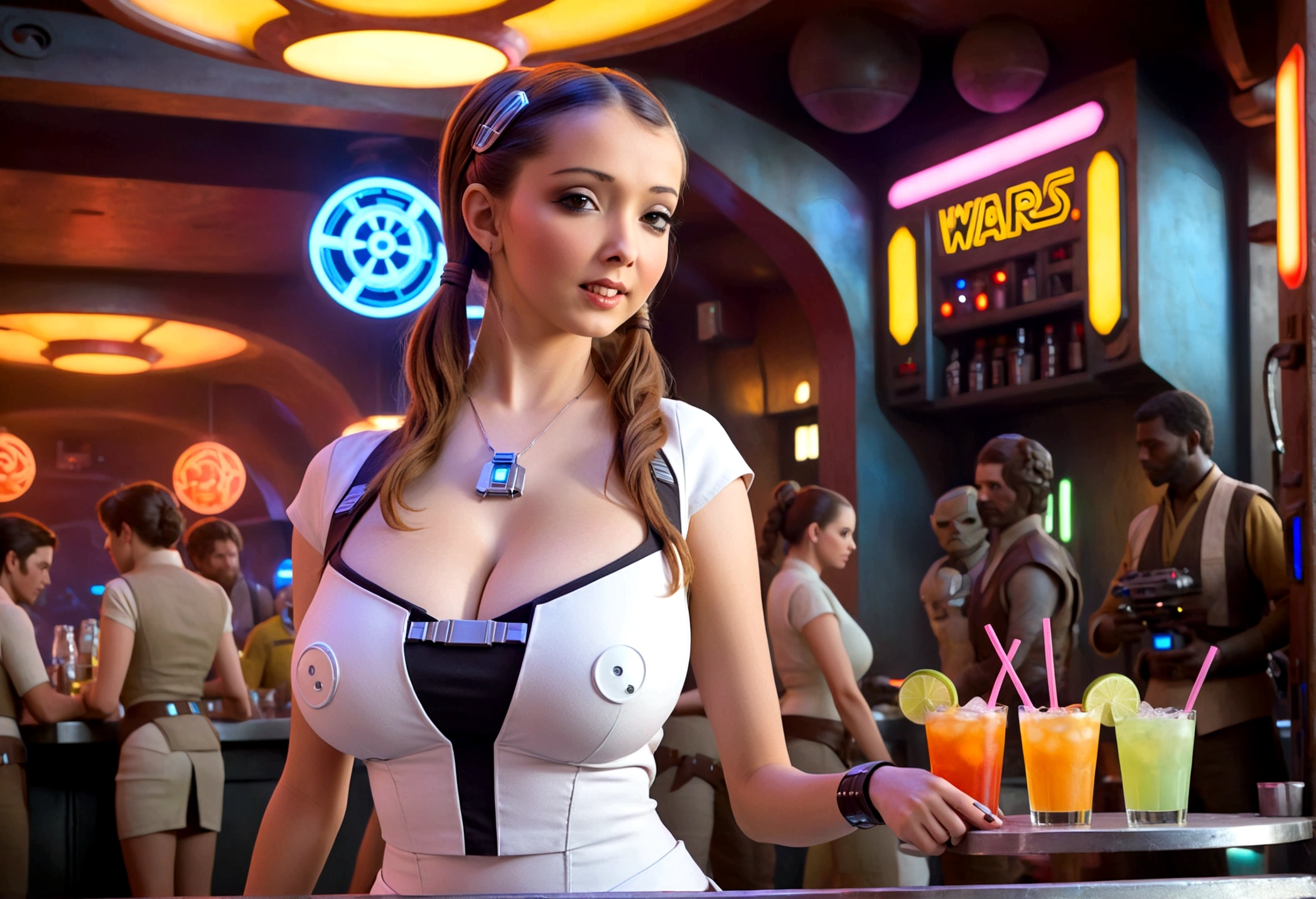 A cute woman in a sci-fi waitress outfit, deep neckline, mini skirt, working at a Star Wars cantina, serving drinks to wild and rowdy aliens, photorealistic, masterpiece, 8k, highly detailed, cinematic lighting, vibrant colors, dynamic composition, dramatic poses, hyper-realistic textures, intricate details, science fiction, futuristic, neon lights, gritty atmosphere