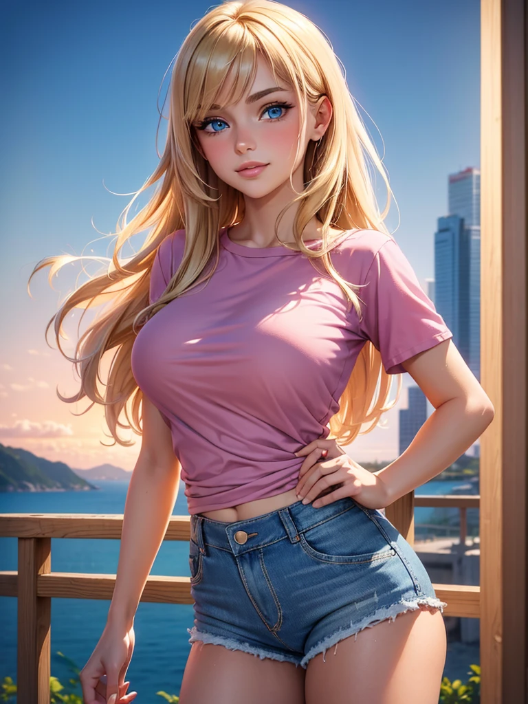 (masterpiece, best quality:1.4), (8K), Young brunette beauty, (((18 years old, neat girl))), detailed blue eyes, long eyelashes, blush, kind smile, upper body, covered large breasts, (pink t-shirt), denim short shorts, (from side), (looking at viewer), beautiful blonde hair, white-skinned, long hair, parted bangs, (huge breasts), (valley, beautiful and magnificent skyline, majestic sky), colorful natural light)