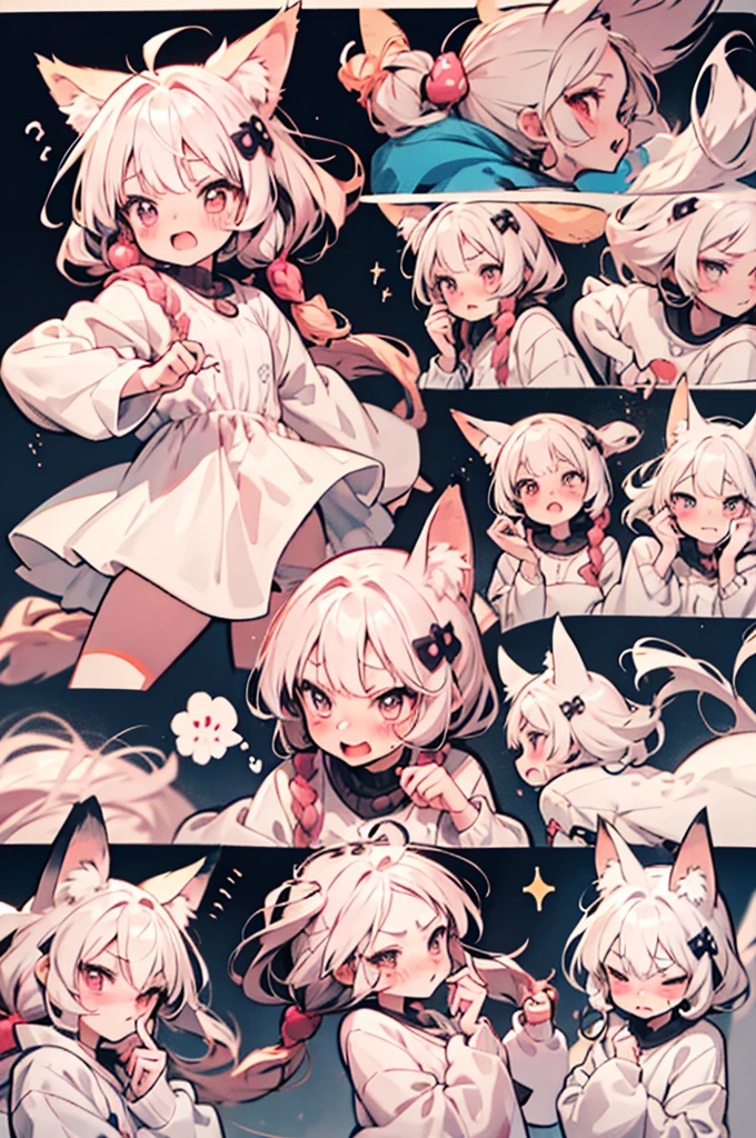 anime foxgirl with pink hair and white dress holding a cat, cute anime foxgirl, anime girl with fox ears, chibi, upper body, big head, laugh, and character traits, 9 emojis, 9 emotions, Grieves, astonishment, having fun, sound sleep, big laughter, irate, doubt, Sell moe, angry