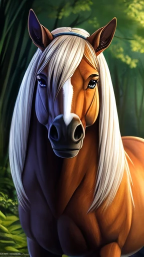 image of a forest, a mare, a very beautiful and perfect female horse, your big ass 2.5,Front view , She is looking at the viewer, look smiling, Very sexy 
