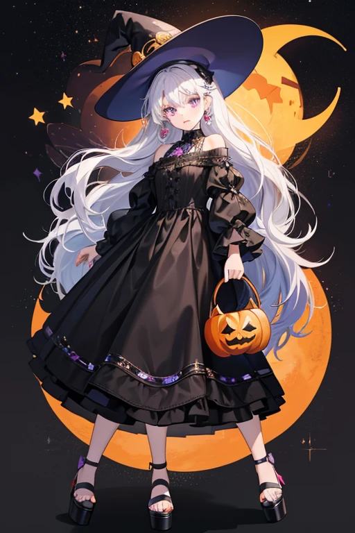Witchay has white hair that is shoulder length, and a little bit of her hair on the left side is tied up with some more of her hair, she also has lavender purple eyes, with two face decals, one being a star and the other being a cresent moon, wears a glittery black pilgrim dress, a black pilgrim hat, black glittery shoes with an orange platform sole decorated with crescent moons and stars, and she carries a jack-o-lantern handbag. SPARKLE; GLITTER