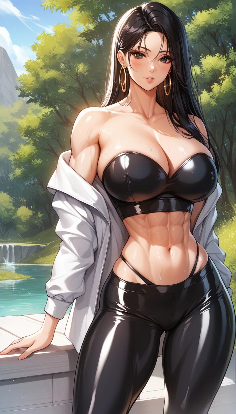 Black hair, black eyes,(high quality eyes),masterpiece, best quality, high quality, highres, outdoors, looking at viewer, Jenny, tall female,big breasts, butterfly long earrings ,long earrings , off shoulder tight latex top,latex pants, underwear string,tall women, muscular body 
