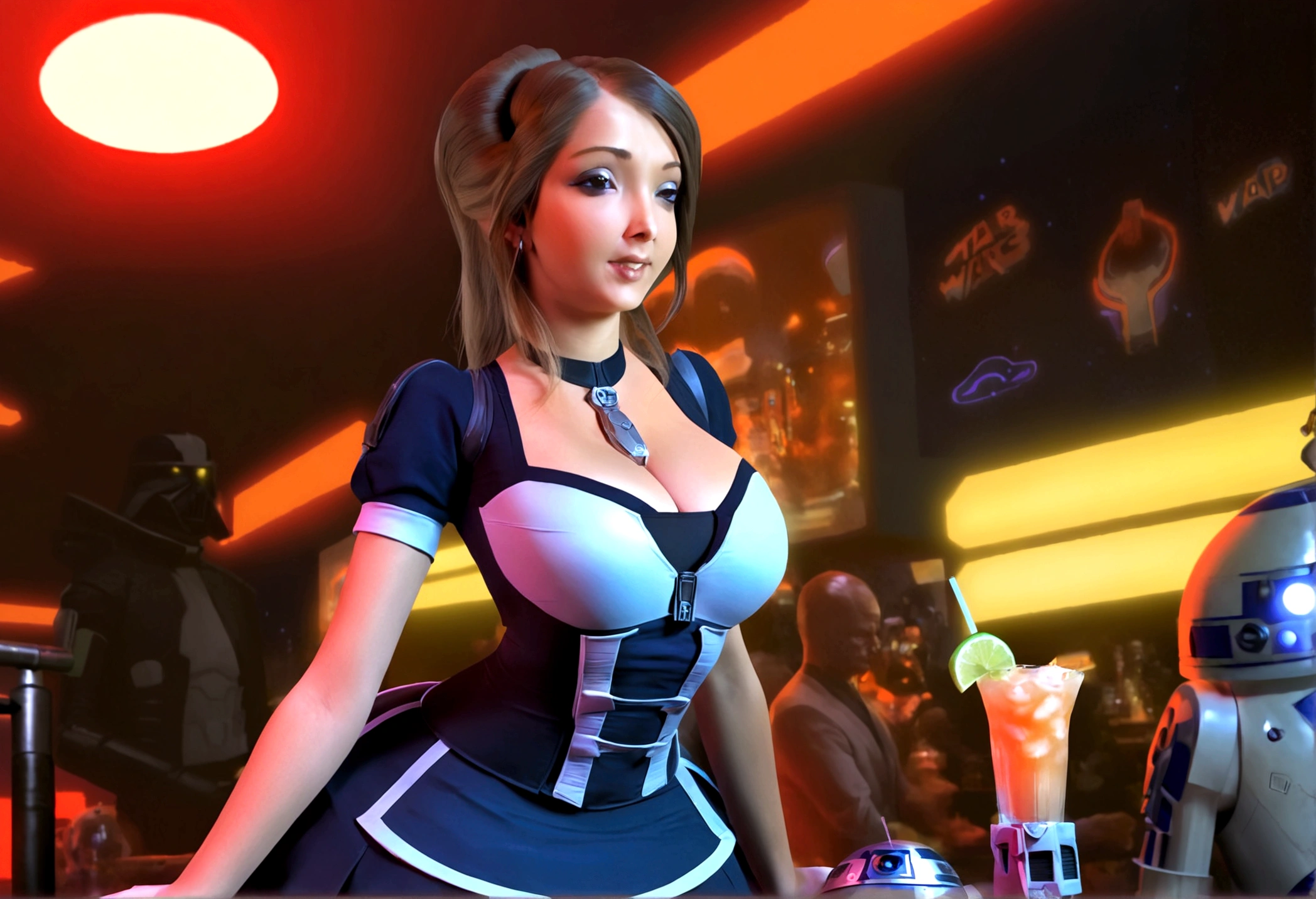 A cute woman in a sci-fi waitress outfit, deep neckline, mini skirt, working at a Star Wars cantina, serving drinks to wild and rowdy aliens, photorealistic, masterpiece, 8k, highly detailed, cinematic lighting, vibrant colors, dynamic composition, dramatic poses, hyper-realistic textures, intricate details, science fiction, futuristic, neon lights, gritty atmosphere
