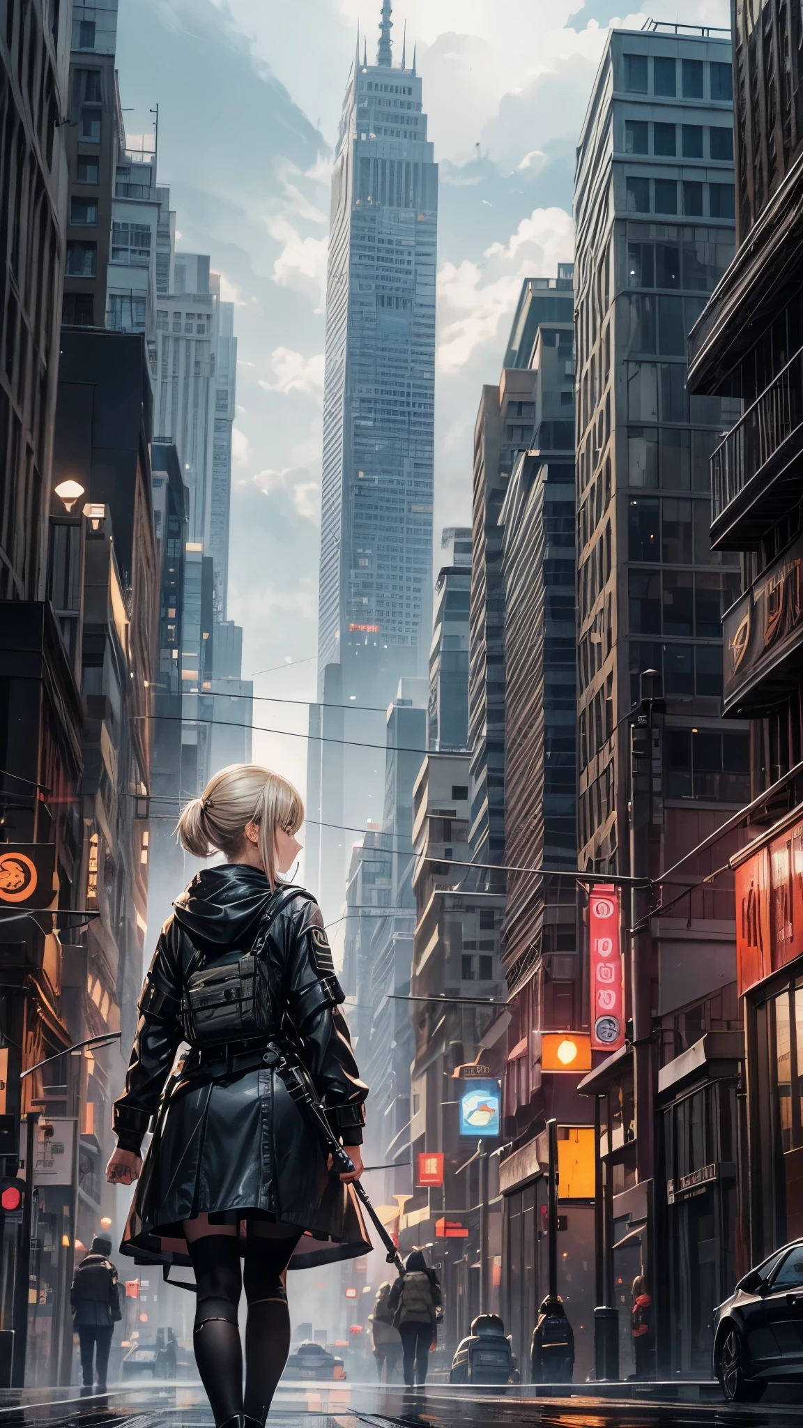 a_huge_walled_city,cloudy_atmosphere,terrifying_monsters,dark_fantasy,cinematic_lighting,moody_colors,dramatic_composition,intricate_details,highly_detailed,8k_resolution,photorealistic,hyper_realistic,masterpiece,One 20 years old woman ,short blonde hair,she’s walking the city,she’s wearing army’s style fashion.