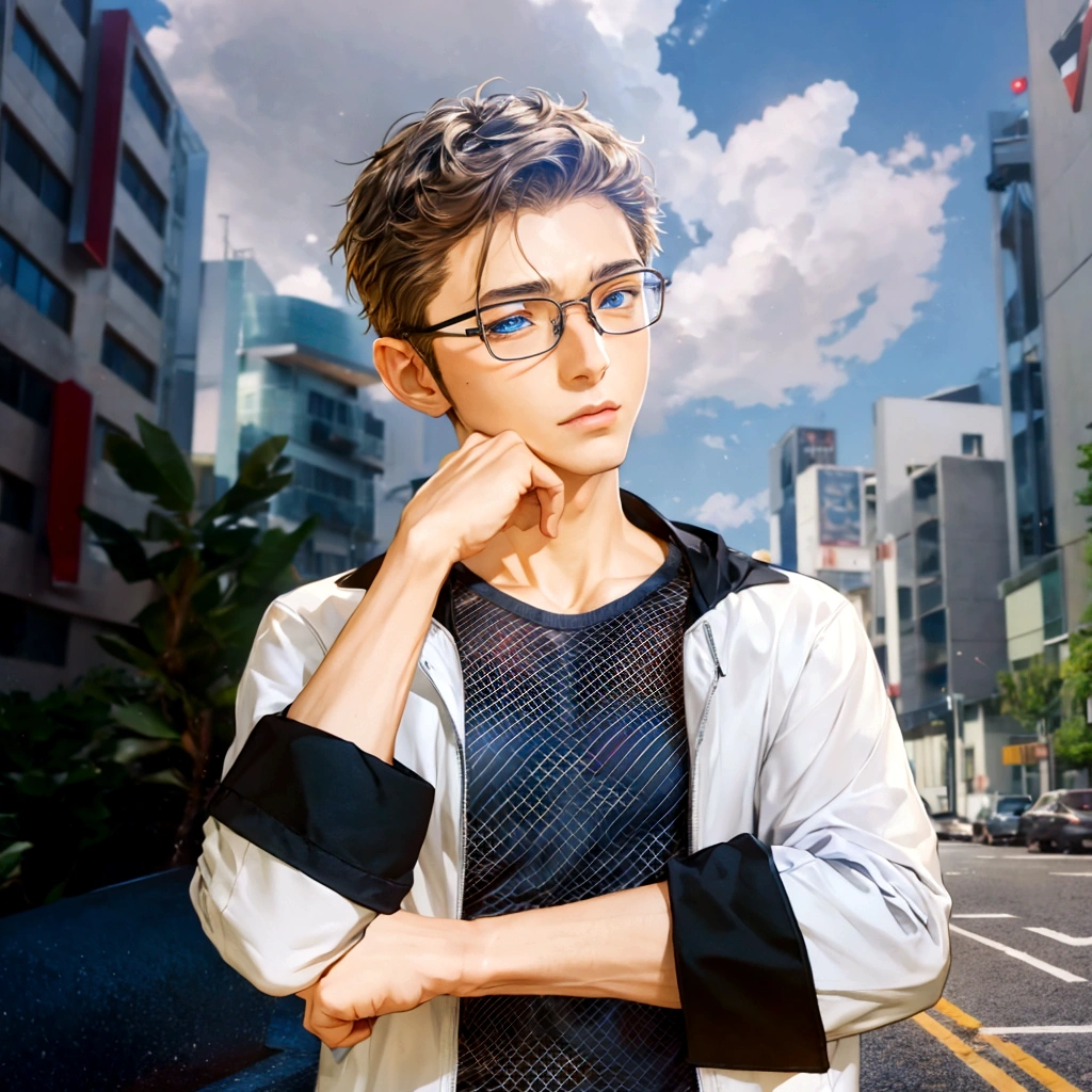 Around fifty、Anime character wearing glasses and a jacket in the city, Realistic Anime 3D Style, Young Anime Guy, Anime Style3D, Live2D Virtual Youtuber Model, Anime Styleに, Anime Styleキャラクター, Created by Anime Painter Studio, Anime Styleのポートレート, Tall anime guy with blue eyes, Anime Style, Anime portrait of a handsome man