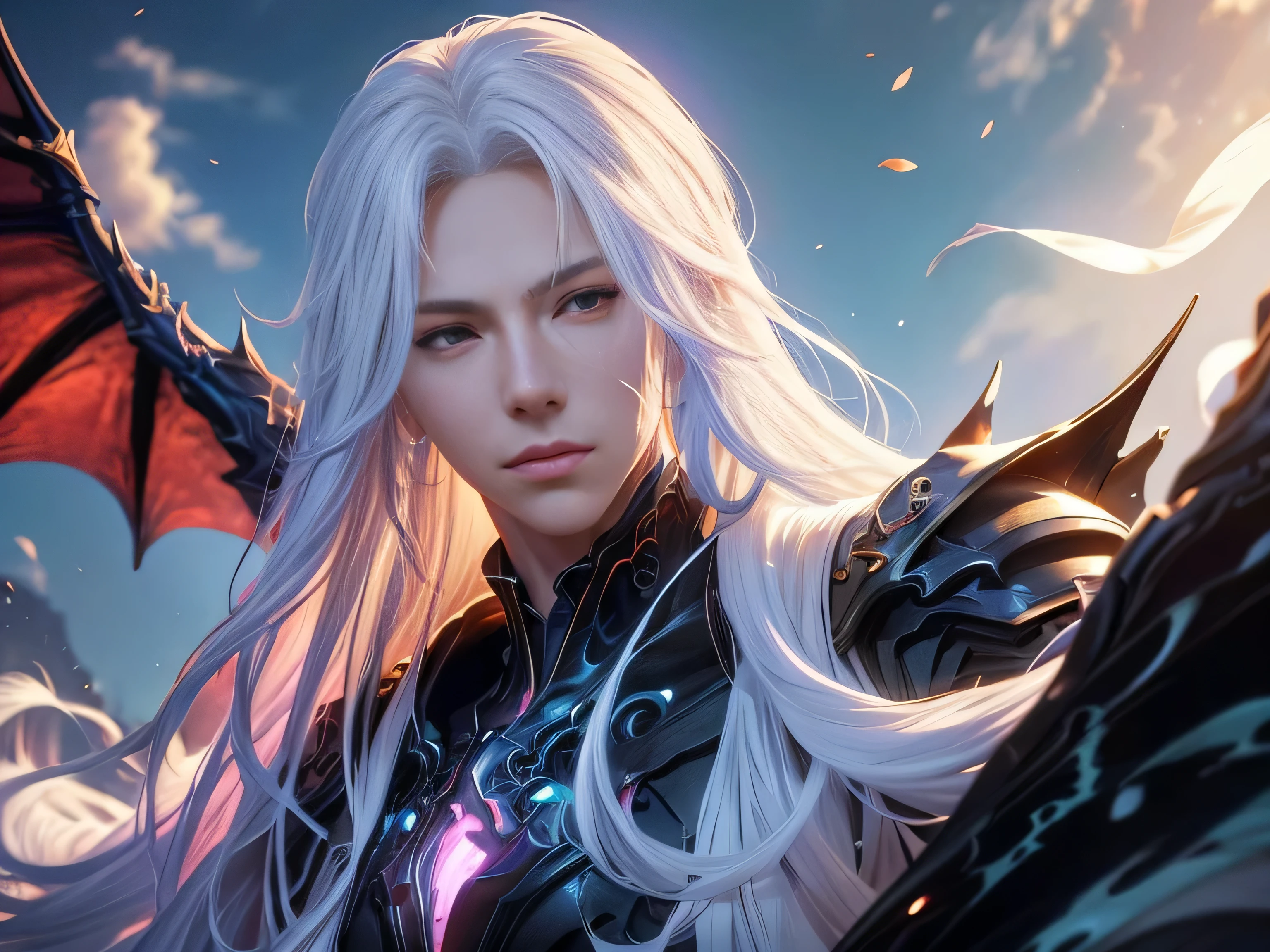 (Best Quality, 8K, Masterpiece, HDR, Soft Lighting, Picture Perfect, Realistic, Vivid), Male Humanoid Dragon (1.0), 1 Guy, Perfect Face, Super Detailed Photo of a Gorgeous Humanoid Dragon Man with Long White Hair, Side by Side lies a white dragon, Beautiful anime fantasy, background blur, anime fantasy, work in the style of Gouves, realism: 1.37, long white hair, plump lips, (Ultra high quality fantasy art), Masterpiece, male model, male character ultra high quality designs, detailed 8k anime art, realistic anime art, highest quality wallpapers, intricate ultra high quality accurate male characters faces, high quality designs and accurate physics (fantasy - ultra high quality art), dark fantasy style), masterpieces, super high quality quality characters, anime resolution - 8K, realistic anime art, wallpapers with the highest quality illustrations, ultra-high detail faces, high-quality design and accurate physics), color, depth of field, shadows, ray tracing, high-quality execution. -high quality and 8K resolution, (Accurate simulation of the interaction of light and materials)], [High-quality hair detail [Read more about beautiful and shiny white hair]], (Beautifully detailed hands [perfect fingers [Perfect nails]]], (perfect anatomy ( perfect proportions)))) [[Full-length]], [Perfect combination of colors (Accurate imitation of the interaction of light and material)], [art that conveys the meaning of the story](modified)