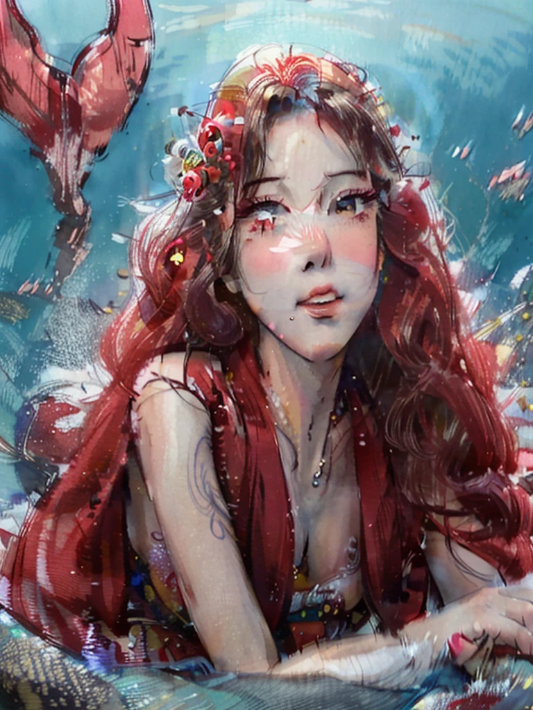 Absurd resolution, high resolution, (masterpiece: 1.4), super detailed, (1 woman: 1.3), (solo: 1.4), fireworks, short bob, short bob, kimono, looking back, closing eyes, smiling, light, Makoto Shinkai style, face super close-up, ultra-fine illustration, vivid colors, cinematic light, exciting light production, attention to detail, vivid colors, hairpins, kimono, big side breasts, looking back, happy, smile, from below, mermaid realistic 8k