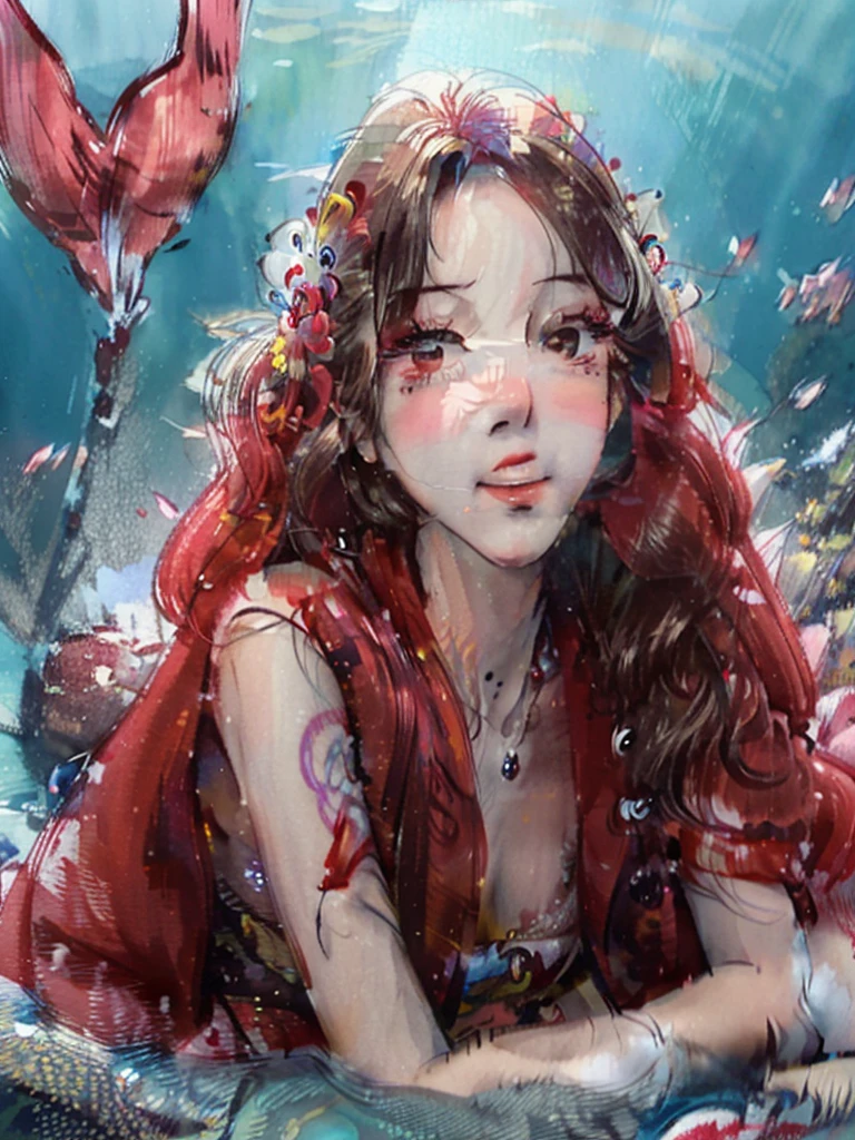 Absurd resolution, high resolution, (masterpiece: 1.4), super detailed, (1 woman: 1.3), (solo: 1.4), fireworks, short bob, short bob, kimono, looking back, closing eyes, smiling, light, Makoto Shinkai style, face super close-up, ultra-fine illustration, vivid colors, cinematic light, exciting light production, attention to detail, vivid colors, hairpins, kimono, big side breasts, looking back, happy, smile, from below, mermaid realistic 8k