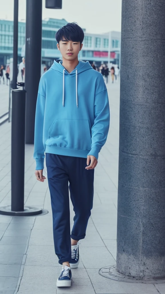 21 year old Beijing boy, he is ((oversized xxxl blue plain hoodie)), wearing black Trousers, wearing sneakers, wearing glasses, fully body, (he is 한국 머리카락입니다) Korean style, walking, buzz Hairstyle,foot