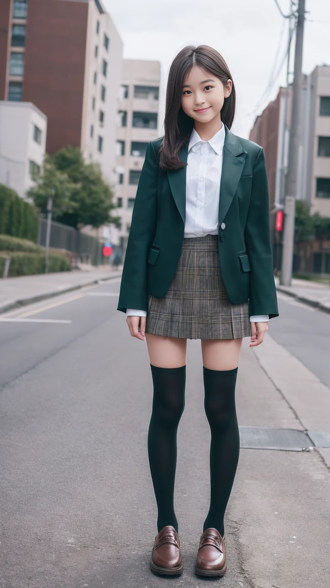 (masterpiece、8k、muste piece、RAW photo:1.4)、High resolution、((far away from the person))、((Full body photo from face to toes))、big eyes and small face、Height: 155cm、Japanese cute and beautiful girl、Smile of a smiling cute girl、facing the front、Stand with your feet together, slender、stand up with good posture、Residential area in the morning、realistic、15-year-old junior high school girl, slender and delicate body, (midium breasts), dark green Blazer Uniform、girls 、plaid skirt、healthy young teenage woman, (Knee High Socks), brown loafers leather shoes、Wear loafers、put your feet on the ground、full body shot、full body shot、Neat hairstyle details、Emphasizes the very slender leg line