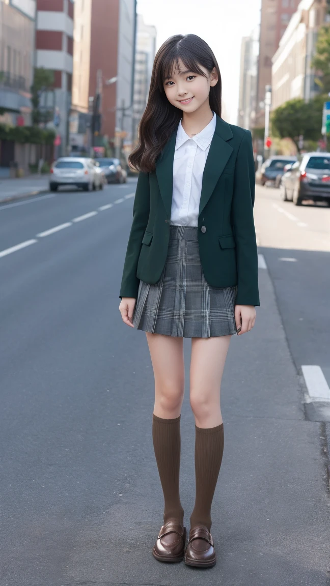 (masterpiece、8k、muste piece、RAW photo:1.4)、High resolution、((far away from the person))、((Full body photo from face to toes))、big eyes and small face、Height: 155cm、Japanese cute and beautiful girl、Smile of a smiling cute girl、facing the front、Stand with your feet together, slender、stand up with good posture、Residential area in the morning、realistic、15-year-old junior high school girl, slender and delicate body, (midium breasts), dark green Blazer Uniform、girls 、plaid skirt、healthy young teenage woman, (Knee High Socks), brown loafers leather shoes、Wear loafers、put your feet on the ground、full body shot、full body shot、Neat hairstyle details、Emphasizes the very slender leg line