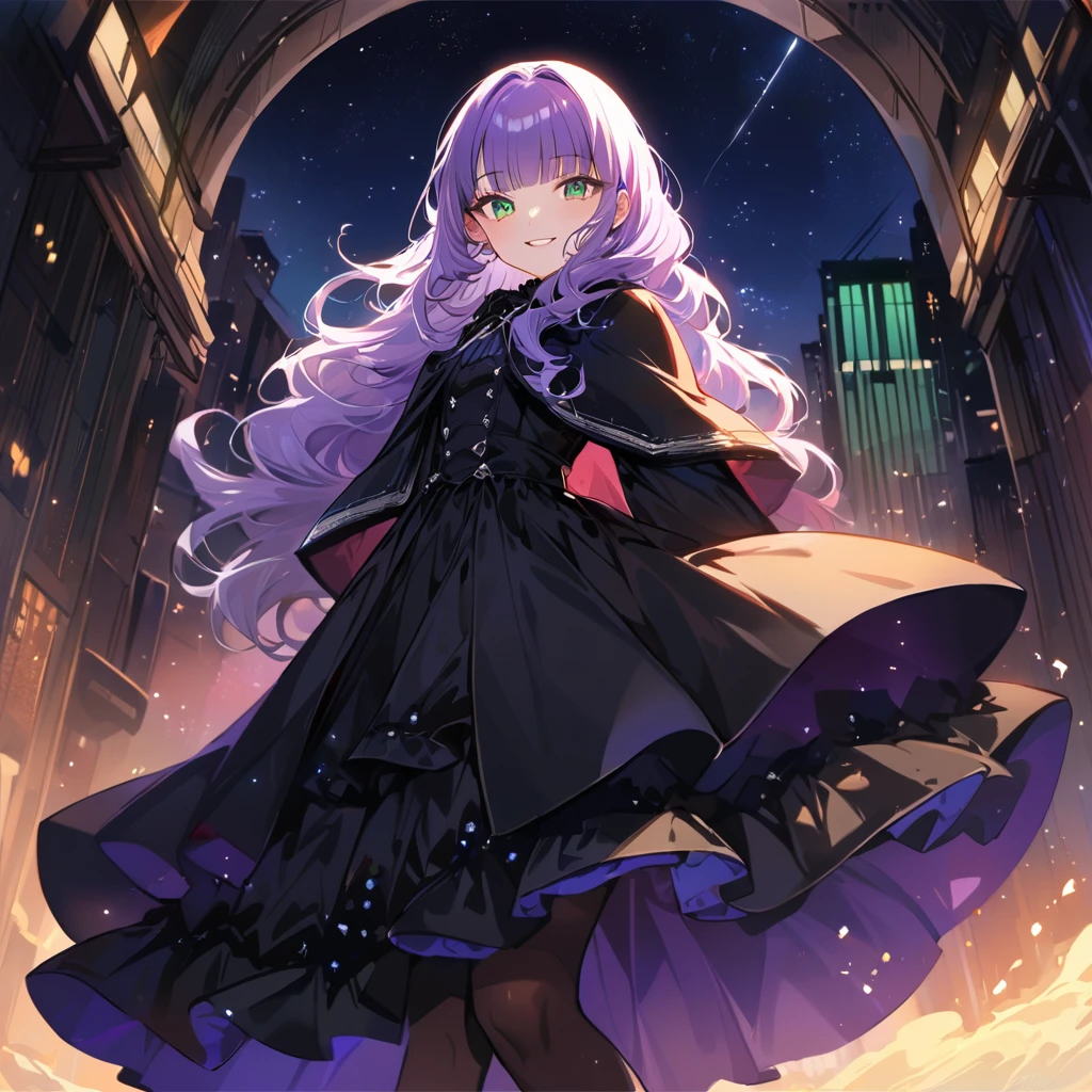 a masterpiece, beautiful eyes, a beautiful face, beautiful depiction, details, solid blue Skyscrapers background, ultra detailed, 8K, 1950's girl, pale-purple hair, a dynamic angle, wavy hair blowing in the wind, blunt bangs hair, black and green eyes,small breast, Vampire cloak, black gothic lolita dress,full body shot, A starry sky, a gentle smile,Grinning, fangs, dimly lit underpass, light coming from behind her, look at viewer, pale colors,