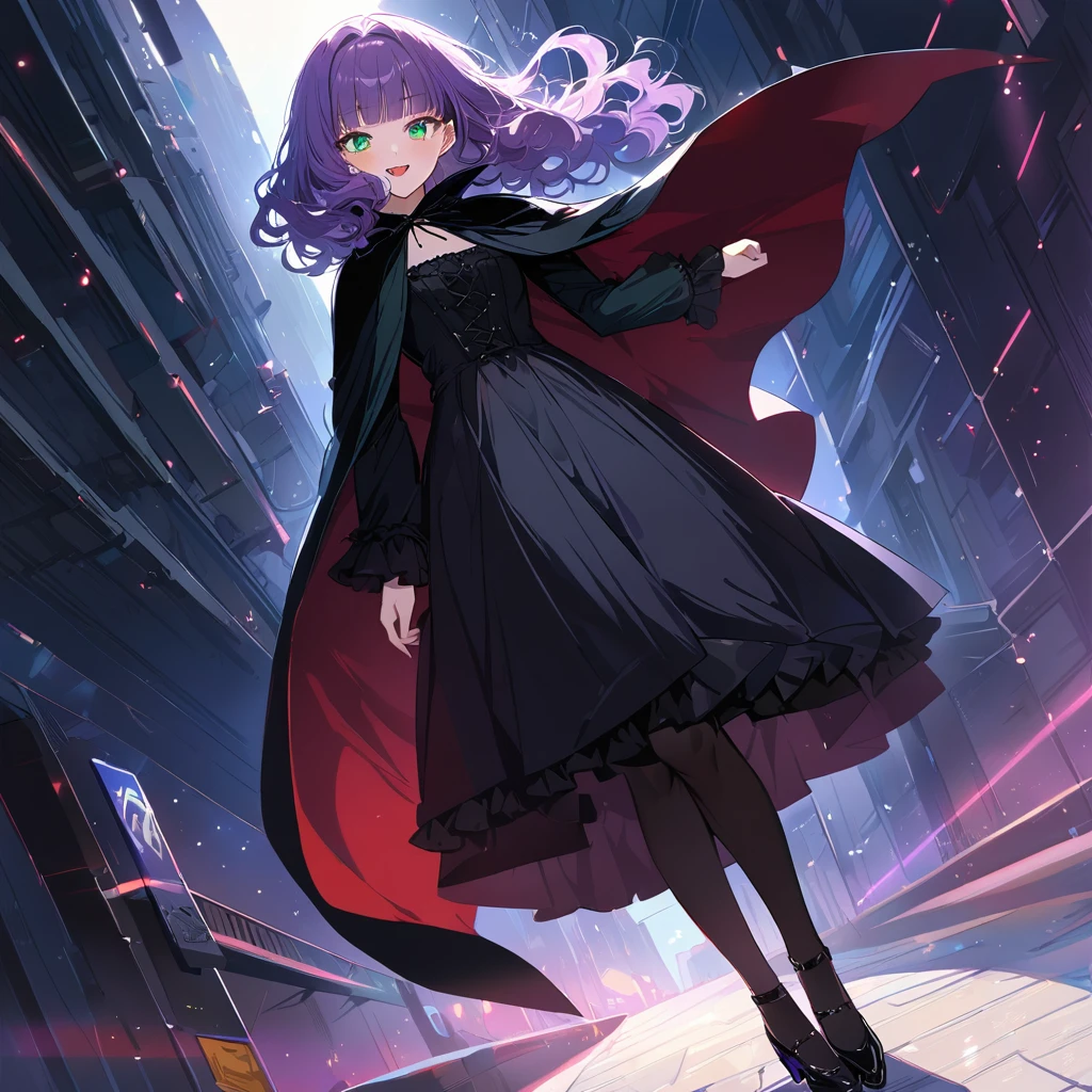 a masterpiece, beautiful eyes, a beautiful face, beautiful depiction, details, solid blue Skyscrapers background, ultra detailed, 8K, 1950's girl, pale-purple hair, a dynamic angle, wavy hair blowing in the wind, blunt bangs hair, black and green eyes,small breast, Vampire cloak, black gothic ta dress,full body shot, A starry sky, a gentle smile,Grinning, fangs, dimly lit underpass, light coming from behind her, look at viewer, pale colors,