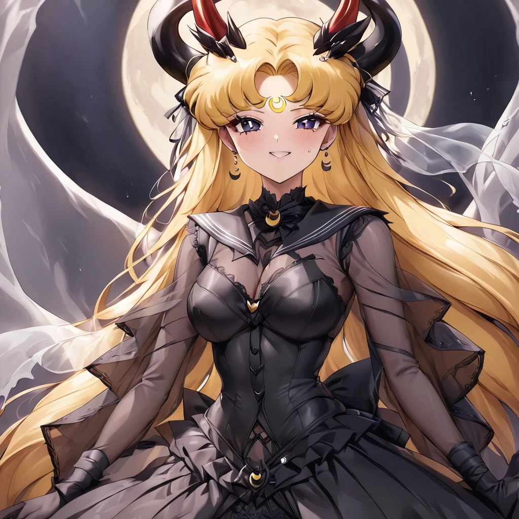 ((Highest quality)), ((masterpiece)), (detailed), （Perfect Face）、The woman is the bride of the Demon King, the Dark Queen of the Black Moon Clan, the Demon Queen Devil Sailor Moon, and the woman is a sexy female demon with jet black skin, Devil Sailor Moon.、The woman is a jet-black female demon with magnificent devil horns, jet-black devil wings, and a jet-black tail, her skin is jet-black, and she has a black inverted crescent moon mark on her forehead, and her gorgeous black skin is visible through her black see-through Lolita Gothic Victorian wedding dress, a black wedding veil, and a black see-through cape. She is a devil bride, a jet-black demon named Devil Sailor Moon, and has blonde hair, looking at the camera with a happy expression.２The expression of a girl in love with her long hair tied up、Woman is Devil Sailor Moon