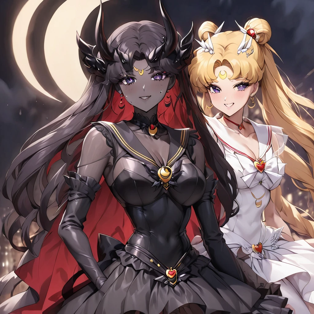 ((Highest quality)), ((masterpiece)), (detailed), (Perfect Face)、The woman is the bride of the Demon King, the Dark Queen of the Black Moon Clan, the Demon Queen Devil Sailor Moon, and the woman is a sexy female demon with jet black skin, Devil Sailor Moon.、The woman is a jet-black female demon with magnificent devil horns, jet-black devil wings, and a jet-black tail, her skin is jet-black, and she has a black inverted crescent moon mark on her forehead, and her gorgeous black skin is visible through her black see-through Lolita Gothic Victorian wedding dress, a black wedding veil, and a black see-through cape. She is a devil bride, a jet-black demon named Devil Sailor Moon, and has blonde hair, looking at the camera with a happy expression.2The expression of a girl in love with her long hair tied up、Woman is Devil Sailor Moon