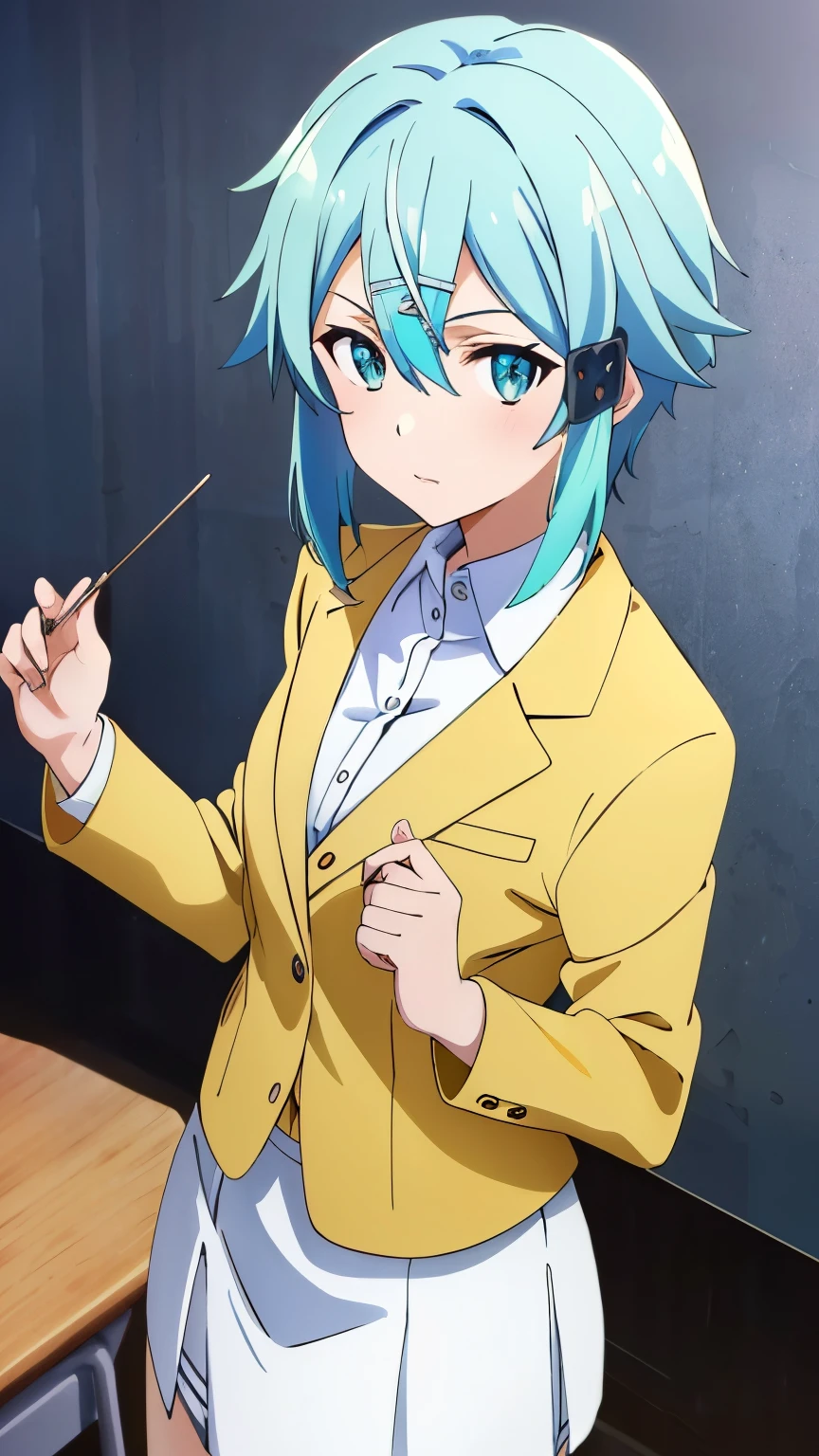 (Top Quality, Masterpiece, 8k:1.2), Ultra Detailed, High Resolution, (Anime:1.2), 1 Girl, Solo, EPsoaSinon, Short Hair, Light Blue Hair, Detailed Jewel Eyes, Hair Between Eyes, (Hair Accessory:1.2), Hair Clip, Side Locks, (White blazer, white tight skirt, classroom), dynamic Angle, Cowboy Shot,looking at viewer,