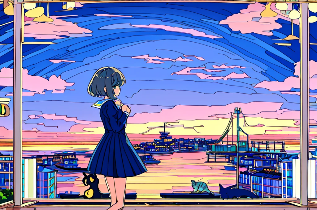 high quality、Detailed background、in 8K、Seaside town、One beautiful girl、Cute Hairstyles、Overlooking the cityscape、Midnight,detailed、pastel colour、shooting star、ripple，((Cat))、
