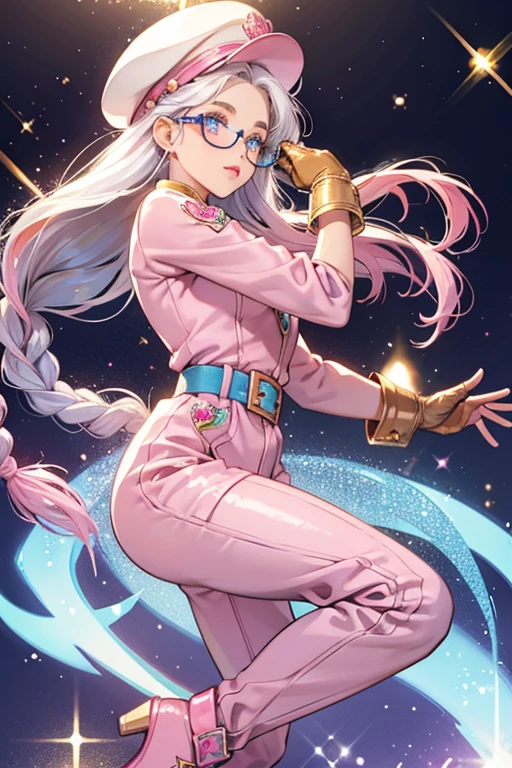 She has a medium brown skin and pale pink lipstick. She has light brown eyebrows, glitter blue eyes, and glitter white hair in braids. She wears a glitter blue flat cap and glitter pink glasses. She wears rose-gold gloves. She has a blue jumpsuit with a pink belt which has a gold buckle. Her boots are half shiny blue, half shiny pink, and have a glitter pink bottom. SPARKLE; GLITTER
