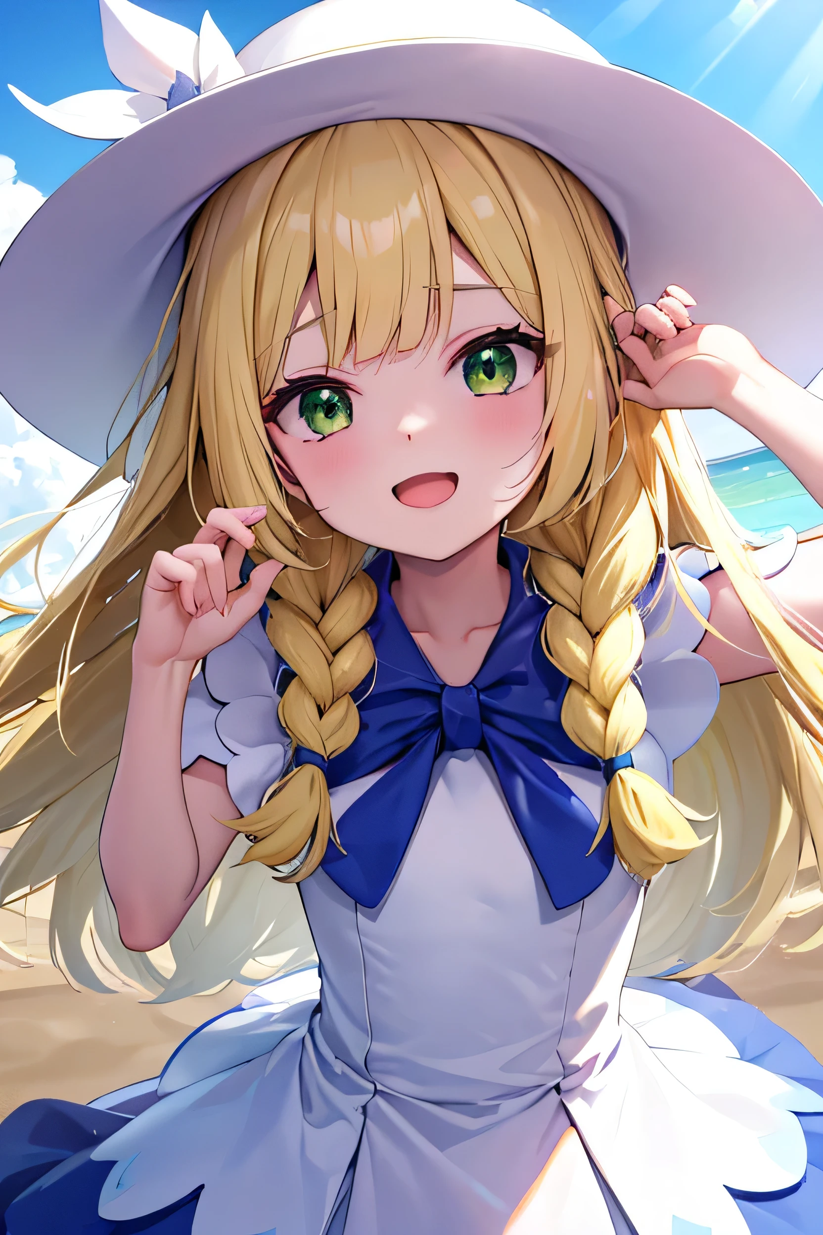 core_9,score_8_up,score_7_up,score_6_up,score_5_up,score_4_up、sollie/(Pokémon/)、Long Hair、Blonde Hair、Green Eyes、Sun hat、White Hat、Side braids、No sleeve、White Dress、1 girl、Portrait、face、笑face、Open your mouth、Raise your hand、Keep、crystal、Keepcrystal、prism、rainbow