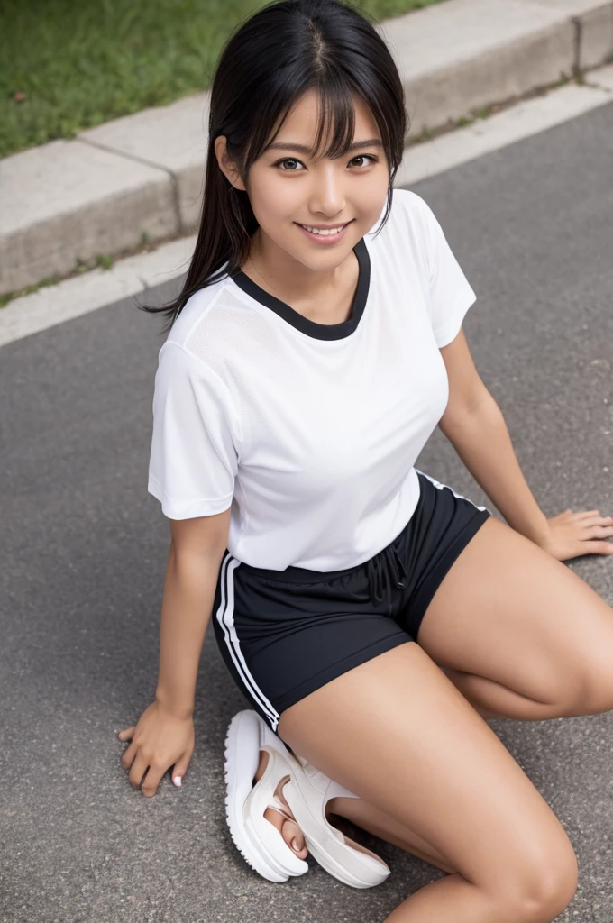 ,(tanned skin:1.3), japanese female,mascular thighs,sport jersey short pants,white t-shirt,curvy,at park,sandals,natural black hair,standing,smile,,(from above,thighs focus),sitting on floor