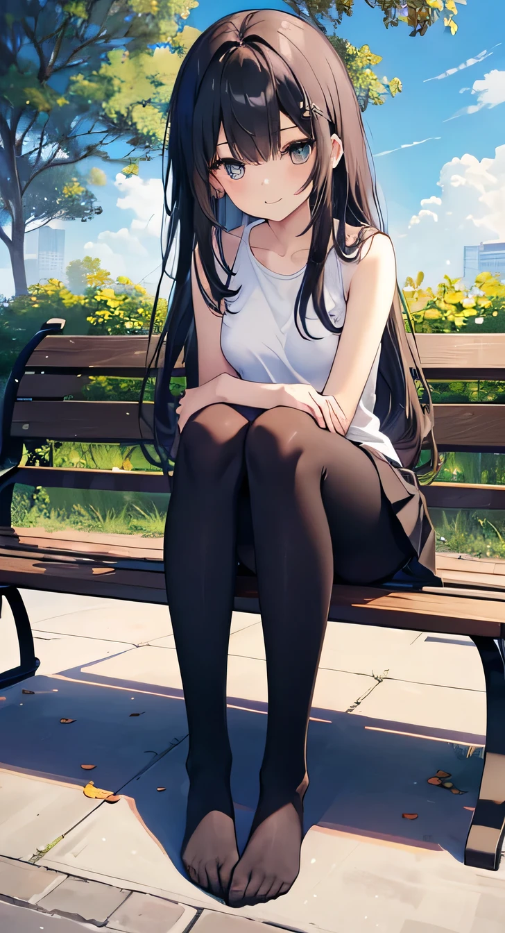 High resolution, (Head to Toe full body), front, frontComposition from slightly below, Symmetric, Tall 18 year old girl, alone, (Head to Toe), (Small breasts), Black Hair, (black tights), (Black Pantyhose), (Sit with your legs apart), (Crouching pose), ( (Sit on a bench with your legs spread), (M-shaped feet), Thin legs, Very beautiful tall 18 year old girl, , smile、 Looking into the camera, (I'm not wearing shoes)(Shoes rolling around at your feet)business suit、Jacket、White shirt、Knee-length skirt、