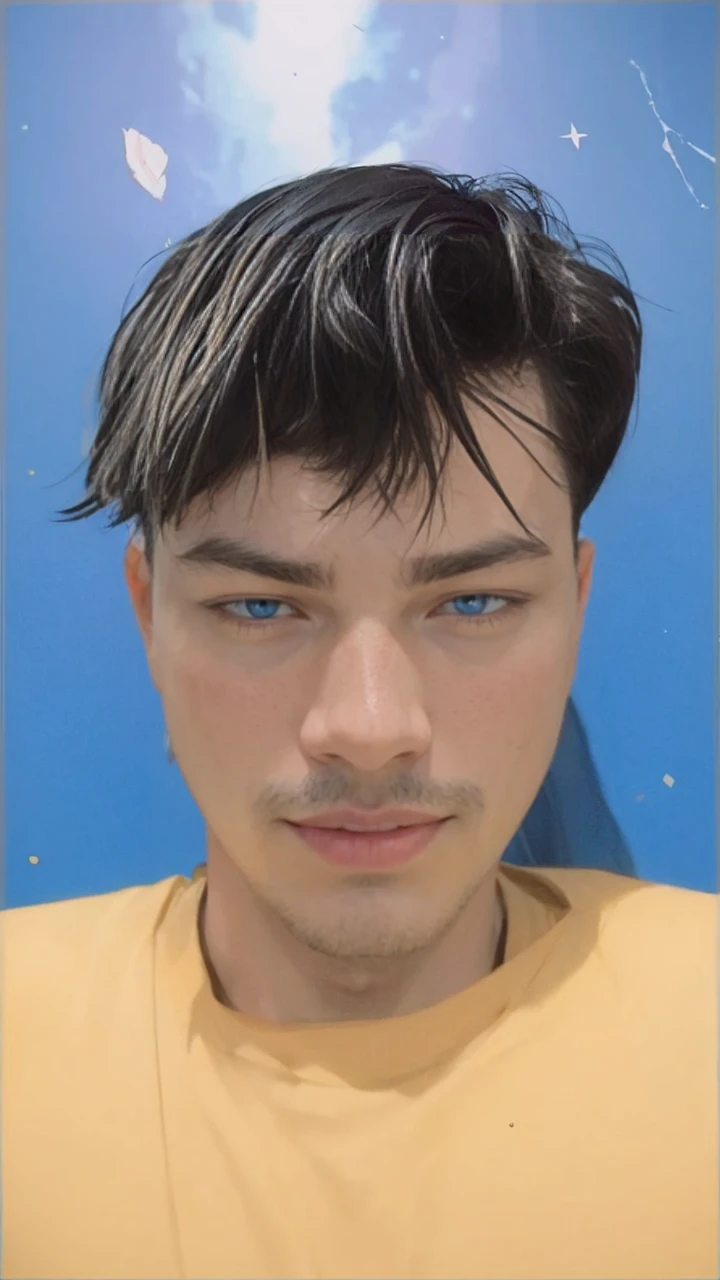 masterpiece, (best quality:1.4), portrait Solo, young male, man, european, blue eyes, black hair, pony tail, pale skin, casual plain clothes, serious eyes