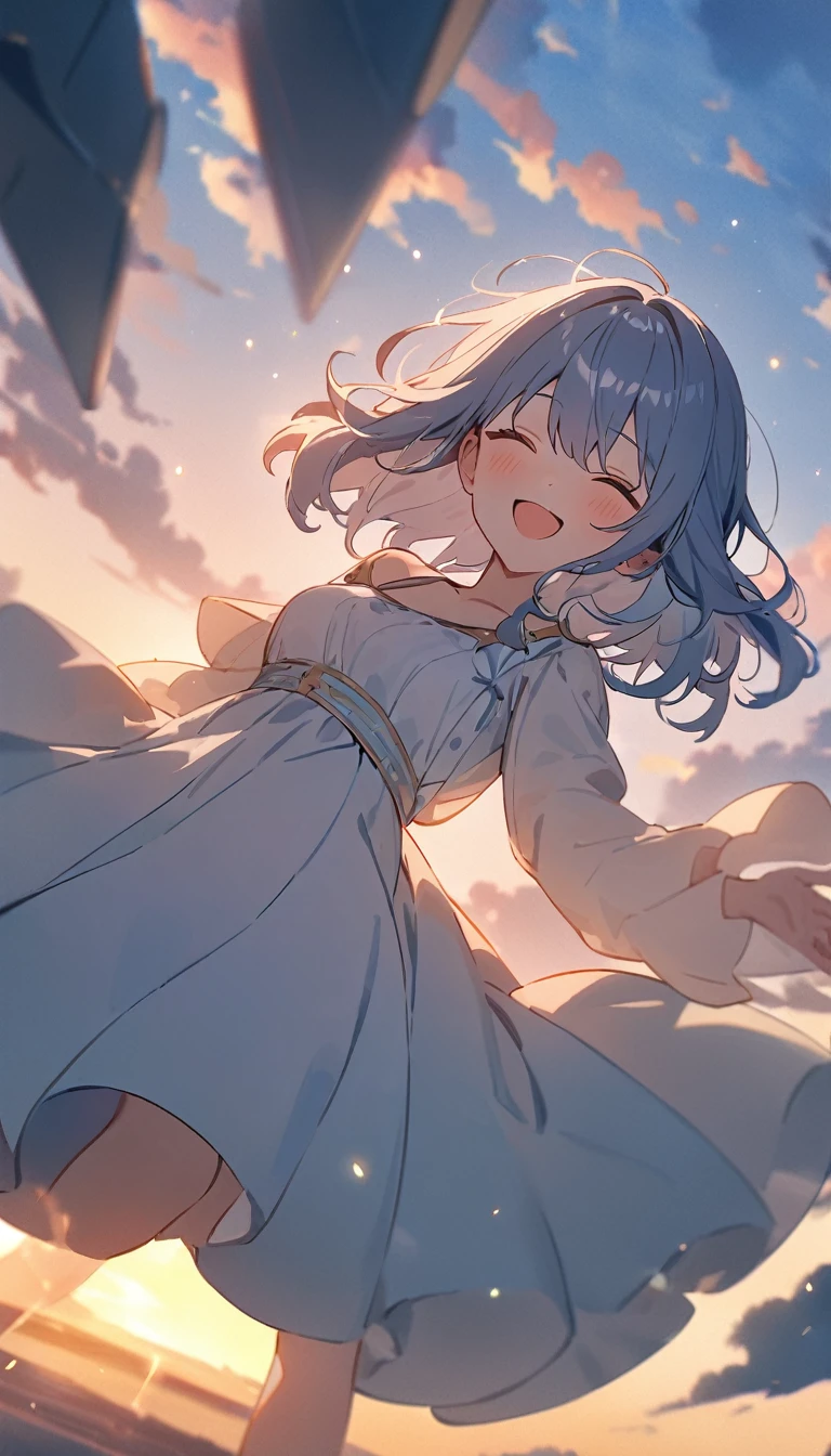 masterpiece, Highest quality, Movie stills, 1 Girl, Cloud Girl, Floating in the sky, close, bright, Happy, Warm and soft lighting, sunset, (spark:0.7)