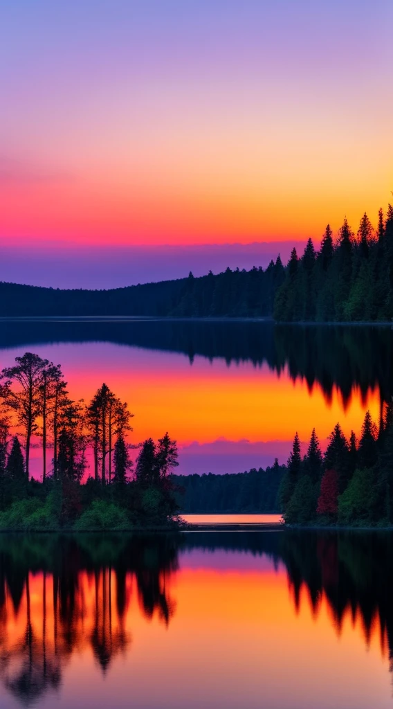there is a beautiful sunset with a lake and trees in the background, colorful skies, surreal colors, colorful sunset, colorful sky, marvellous reflection of the sky, stunning sky, dream like atmosphere 8k, colorful clouds, colors reflecting on lake, surreal sky, red and blue reflections, fire reflection, beautiful sky, beautiful and spectacular dusk, beautiful dreamy landscape, amazing sky