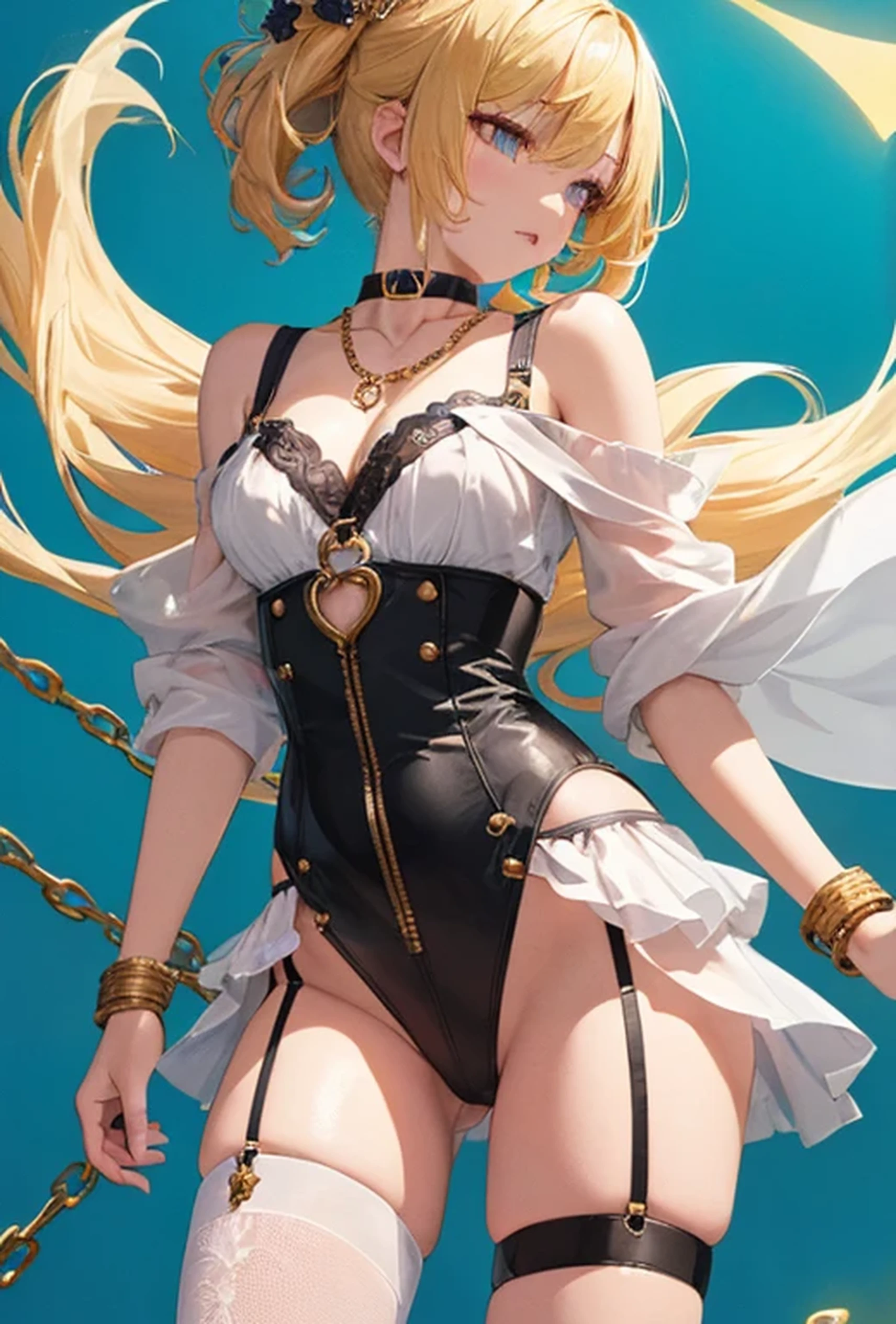 (Super detailed、Ultra-high resolution、Detailed Background)、((Flat Color))、((colorful))、Multicolored lighting、((Floating colorful water))、Blue background、
Bound Queen、Random Pause、(Chained、Golden Chain、Chained to the body、Chained first round、handcuffs)、Random Sexy Poses
(Long Hair、Blonde Hair、hair ornaments、choker、Big Breasts)、(bondage、Mini Dress、choker、Knee-high stockings、garter belt、White biting panties）、(Sexy clothing that shows the underside of the breasts）、(((underboob)))、cameltoe、TWICE&#39;s Tzuyu&#39; on pause、Beautiful blue eyes、Beautiful lips、(A rich expression、Fun）