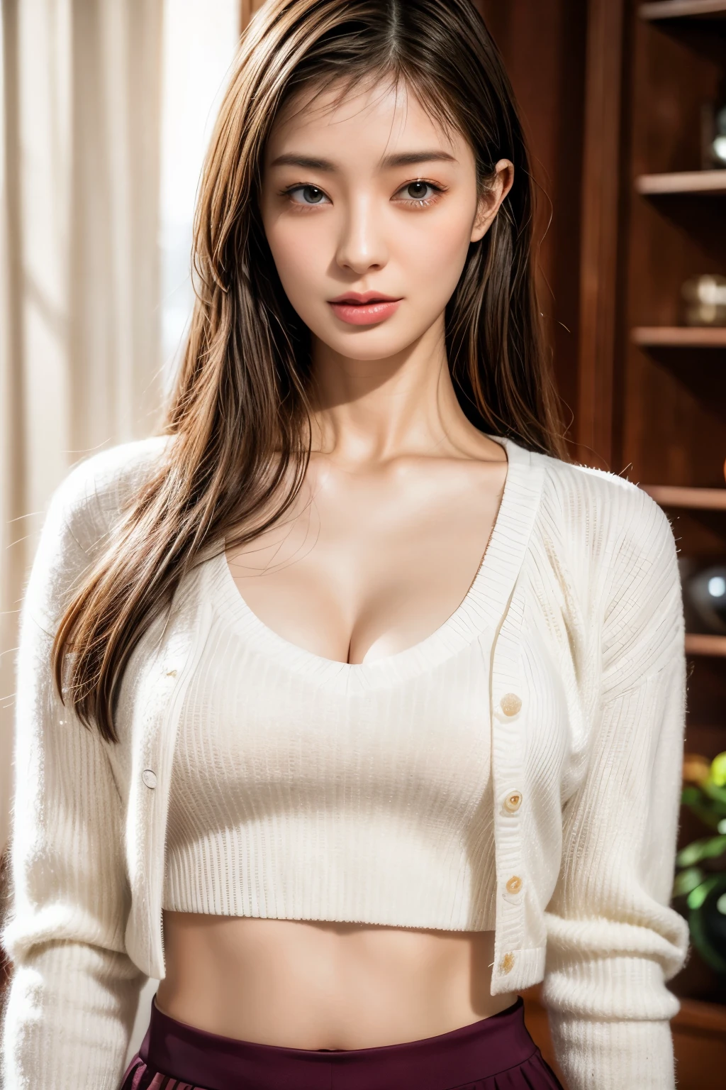 (realistic, photo-realistic:1.4),(masterpiece, best quality:1.2), RAW photo, high resolution, intricate details, extremely detailed, realistic and sharp details, cinematic lighting, portrait, (bust shot, midriff:1.2), frontal photography, solo, 1girl, a Japanese woman, dark hair, tall girl, smaller face, detailed face, detailed eyes, sophisticated nose, pale skin, collarbone, (medium breasts, cleavage), photo background, indoors,,,[Mayu Miyamoto, Fashion Model]