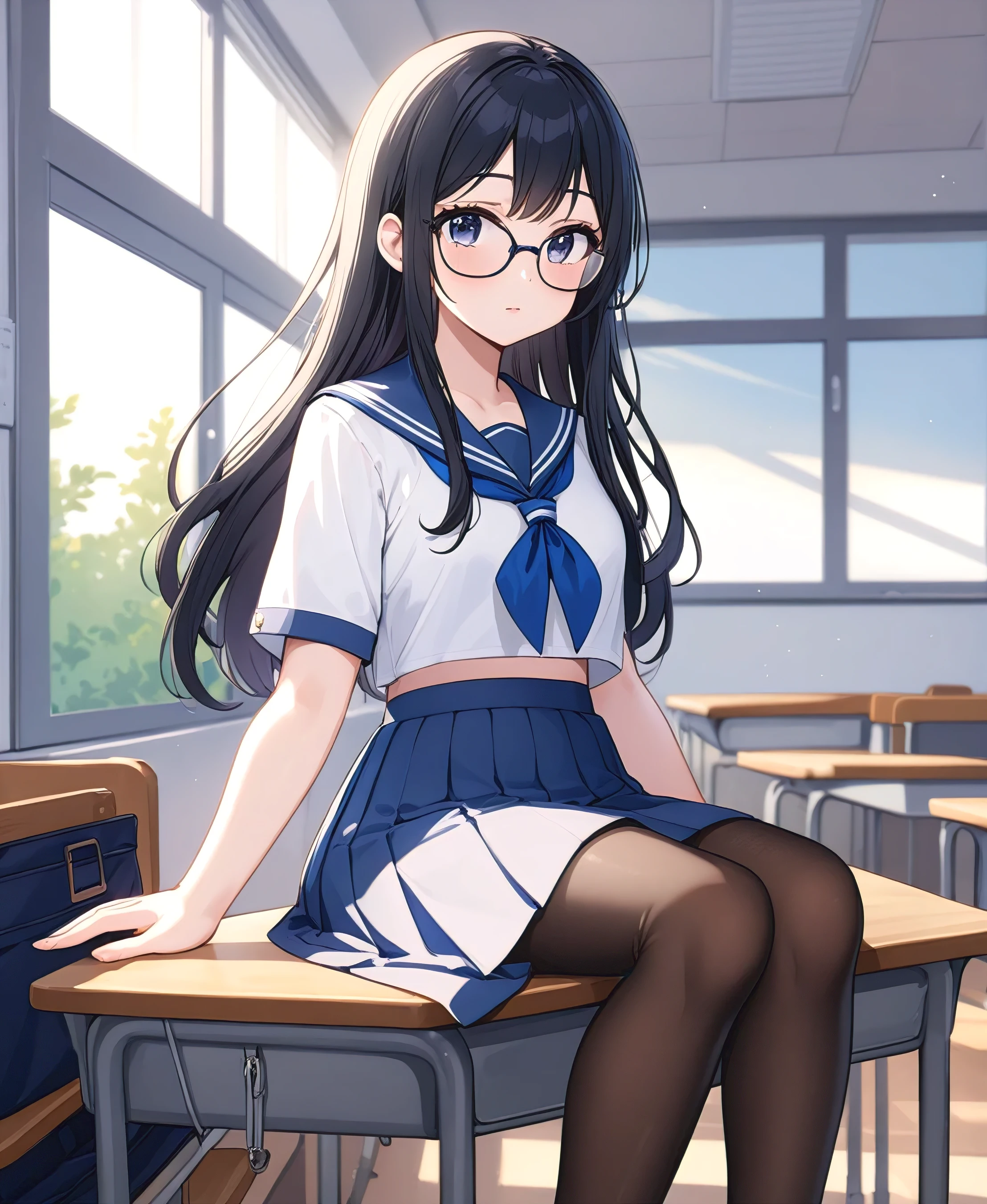 so beautiful, Two-tone lighting, a school girl in white skirt and blouse on school desk holding a blue hand bag, 1girl, solo, pantyhose, , bag, skirt, school desk, glasses, school bag, indoors, desk, long hair, blue skirt, serafuku, sitting, chair, classroom, black hair, no shoes, white shirt, black pantyhose