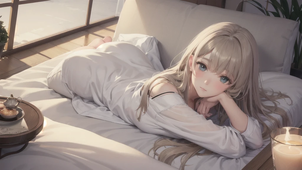 Create a serene portrait of a beautiful girl lying prone on a soft couch, enveloped in a warm, cozy atmosphere with soft lighting, wearing comfortable attire, her hair gently cascading, and surrounded by elements of relaxation such as a plush blanket, a favorite book, and a cup of tea on a tranquil indoor setting.