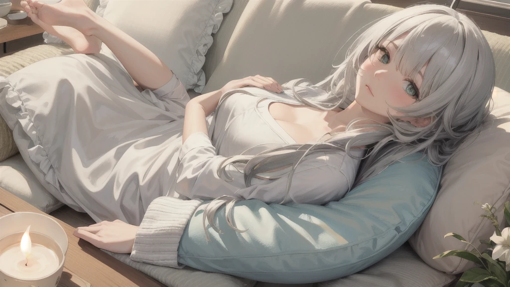 Create a serene portrait of a beautiful girl lying prone on a soft couch, enveloped in a warm, cozy atmosphere with soft lighting, wearing comfortable attire, her hair gently cascading, and surrounded by elements of relaxation such as a plush blanket, a favorite book, and a cup of tea on a tranquil indoor setting.

