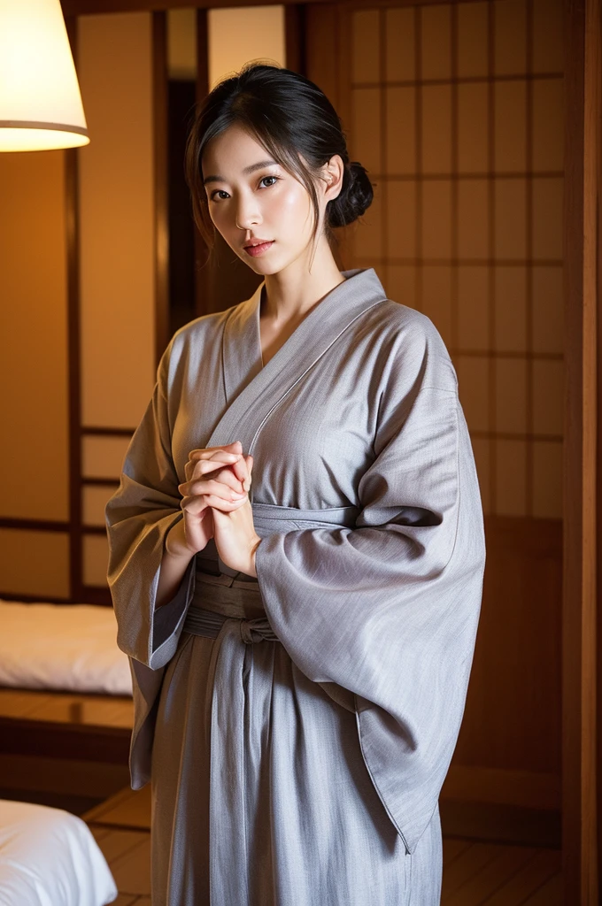 Highly detailed CG Unity 8k wallpaper, Highest quality, masterpiece, (Realistic, Realistic:1.4), Ultra-high resolution, (Beautiful Japanese mature woman in yukata, alone), Inside a room at a traditional Japanese hot spring inn, Cowboy Shot, Perfect feminine figure, Attractive mature woman, Stunningly beautiful face, Enchanting Goddess, Part your lips, (Shiny skin), Structure of the film, Professional warm lighting and shadows, ((Highly detailed eyes and face, Beautiful eyes in every detail, Highly detailed and beautifully realistic skin texture)), (Balance your body, Accurate hands, Accurate Eyes)More realistic Realistic Highly detailed face and skin texture The detail in her face is truly extraordinary., The pores and contours of her skin are rendered with amazing accuracy..モノトーンの縦縞のBeautiful Japanese mature woman in yukata, alone), Inside a room at a traditional Japanese hot spring inn, Cowboy Shot, Perfect feminine figure, Attractive mature woman,The valley is visible(kimono)), (ふわふわkimono)),Shortcuts