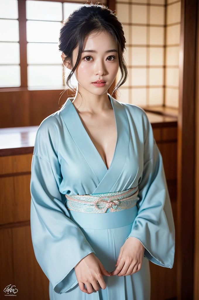 Highly detailed CG Unity 8k wallpaper, Highest quality, masterpiece, (Realistic, Realistic:1.4), Ultra-high resolution, (Beautiful Japanese mature woman in yukata, alone), Inside a room at a traditional Japanese hot spring inn, Cowboy Shot, Perfect feminine figure, Attractive mature woman, Stunningly beautiful face, Enchanting Goddess, Part your lips, (Shiny skin), Structure of the film, Professional warm lighting and shadows, ((Highly detailed eyes and face, Beautiful eyes in every detail, Highly detailed and beautifully realistic skin texture)), (Balance your body, Accurate hands, Accurate Eyes)More realistic Realistic Highly detailed face and skin texture The detail in her face is truly extraordinary., The pores and contours of her skin are rendered with amazing accuracy..モノトーンの縦縞のBeautiful Japanese mature woman in yukata, alone), Inside a room at a traditional Japanese hot spring inn, Cowboy Shot, Perfect feminine figure, Attractive mature woman,The valley is visible(kimono)), (ふわふわkimono)),Shortcuts