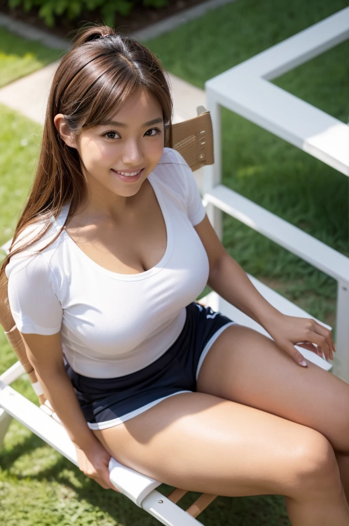 (Only one person), Pure Japanese sports girl, wearing sports wear, no makeup and lips, thick eyebrows, natural hair styles, sweet smile, sitting, spread wide legs, soft sunlight, summer atmosphere, sexual attractive, sexual temptation, professional photography, 