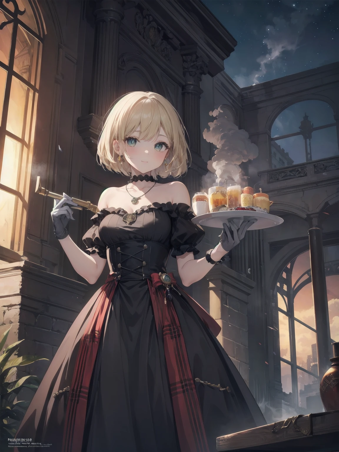 (masterpiece:1.2), (Highest quality:1.2), Ultra-high resolution, Very detailed, break, ((Anime girl standing with happiness in her hands)), Clear Girl, (1 person,Lolita,boyish, , 6 years old:1.3), A light smile, , girl who looks like a boy, Bob cut hair, ((Blonde Hair)), Messy Hair, A super-sized chest overflowing with soft fat masses、Waistline、Slender body, Small Ass, Small green eyes,Fine and beautiful eyes, Well-proportioned iris and pupil, Expressive eyes, Beautiful and detailed lips, High resolution detailed hair, Perfect Eyes, Perfect Face, ultra high density skin, Full Finger, Perfect lighting, break, ((Light green necklace)), ((Black and red luxury dress:1.3)), light green tie, Sparkling Sapphire, Lady, Wear white gloves, break, (steampunk), Castle balcony, Skyscraper, Night view, Equipment, pipe, (Steam spewing out from pipes:1.2), Fantasy, break, ((Positive:1.3)), break, Digital anime art,Anime style illustrations,Anime illustration
