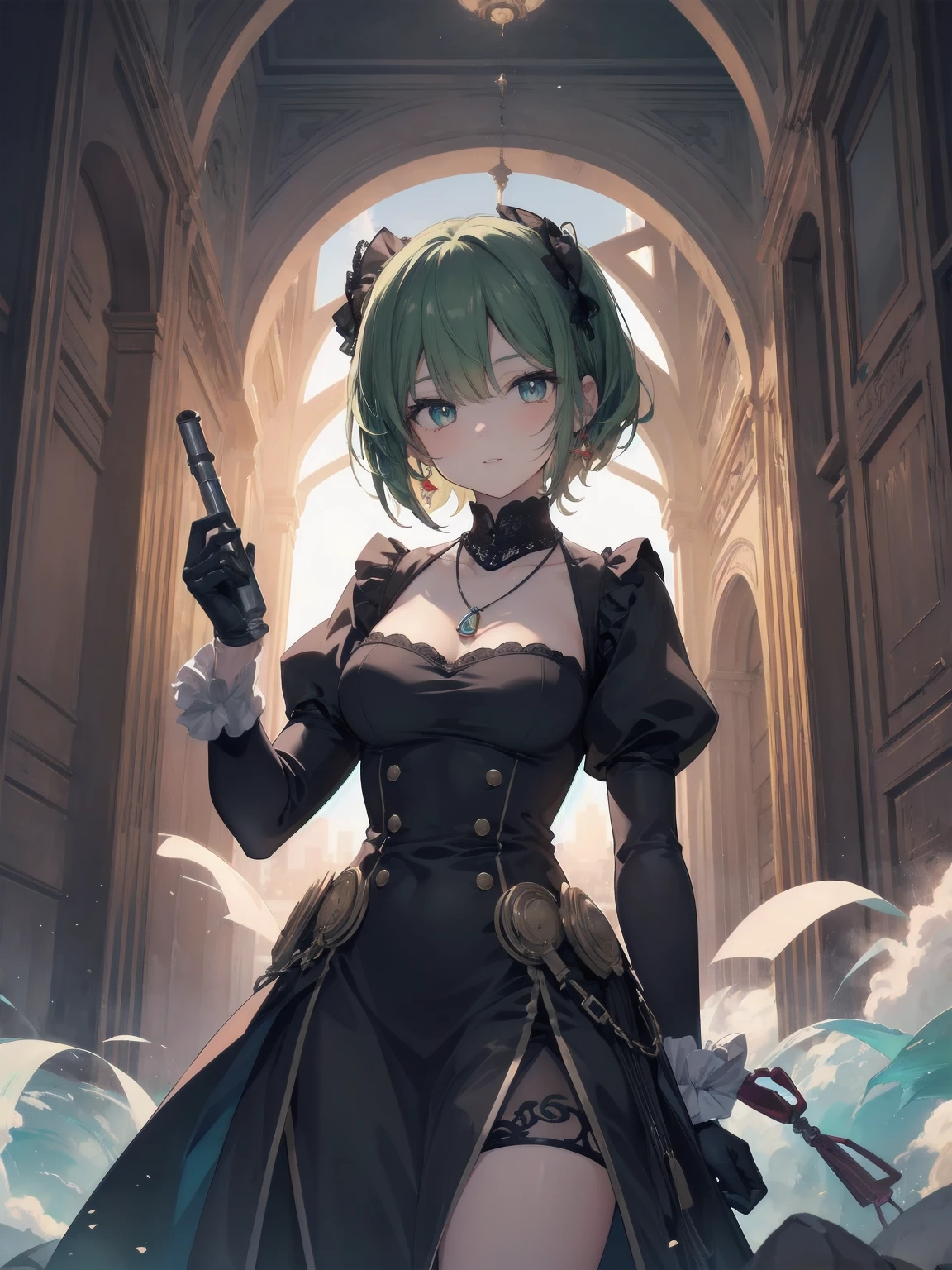 (Masterpiece:1.2), (Top quality: 1.2), Super high resolution, Very detailed,.
BREAK.
, ((Anime girl standing with happiness in her hands)), Crazy girl, (1,Lolita,Boyish, , : 1.3), Light smile, , Girl looking like a boy, Bob-cut hair, Shaggy hair, Very large breasts, nubile, slender body, overflowing with soft fat mass. Small hips, Vertically large eyes, Fine and beautiful eyes, Well-proportioned irises and pupils, Expressive eyes, Beautifully detailed lips, High resolution detailed hair, Perfect eyes, Perfect face, Super dense skin, Full fingers, Perfect lighting,.
BREAK,.
((light green necklace)), ((black and red fine dress: 1.3)), light green tie, shining sapphire, lady, wearing white gloves,.
BREAK.
, (Steampunk), Castle balcony, Skyscraper, Night view, Equipment, Ancient ruins, Tradition, Overwhelming, Magnificent, Steam, Pipes, (Steam spewing out from pipes:1.2), Fantasy, Victorian other world, Early 19th century, Road, trees, clouds, night sky, shading, effects, detail. Masterpiece background,
BREAK.
((Positive: 1.3)),.
BREAK.
, digital animated art, cartoon-style illustrations, cartoon illustrations