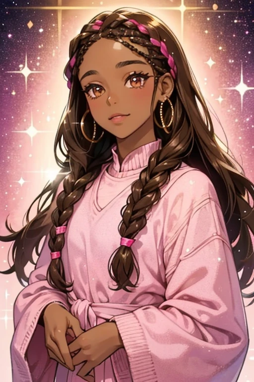 Dark skin, brown eyes, glittery brown hair in cornrow braids, and wearing a pink glitter .  SPARKLE; GLITTER