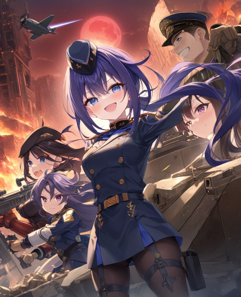 Facing forward　girl　Military uniforms with a white base and some black　Spectacular Background　A shooting star is falling　Beautiful night view　　　She is on the right　On the left you can see the destroyed city.　He has a gun　　　服にはplaneが描かれています　背景の上部にはFighterが飛んでいます　Red Moon　blue eyes　　There is one person　Purple long hair　wearing a military cap　war　I'm wearing pants　Precision　masterpiece　girlにクローズアップ　girlを正面から見ています　ponytail　long hair　soldier　battlefield　{超Precision} Satanic　　Smiling gently　Kind eyes　Anime Style　 {war} {Gunfight} {Fighterの擬人化} Fighter　tank　Battleship　plane　Thunder Day　Mechanical Man　宇宙Battleshipヤマトの武装をつけています　Gentle expression　F-16Fighterの翼を背中につけています　tankがいます　　　The corners of the mouth are slightly raised　The mouth is closed　The mouth is small　cute