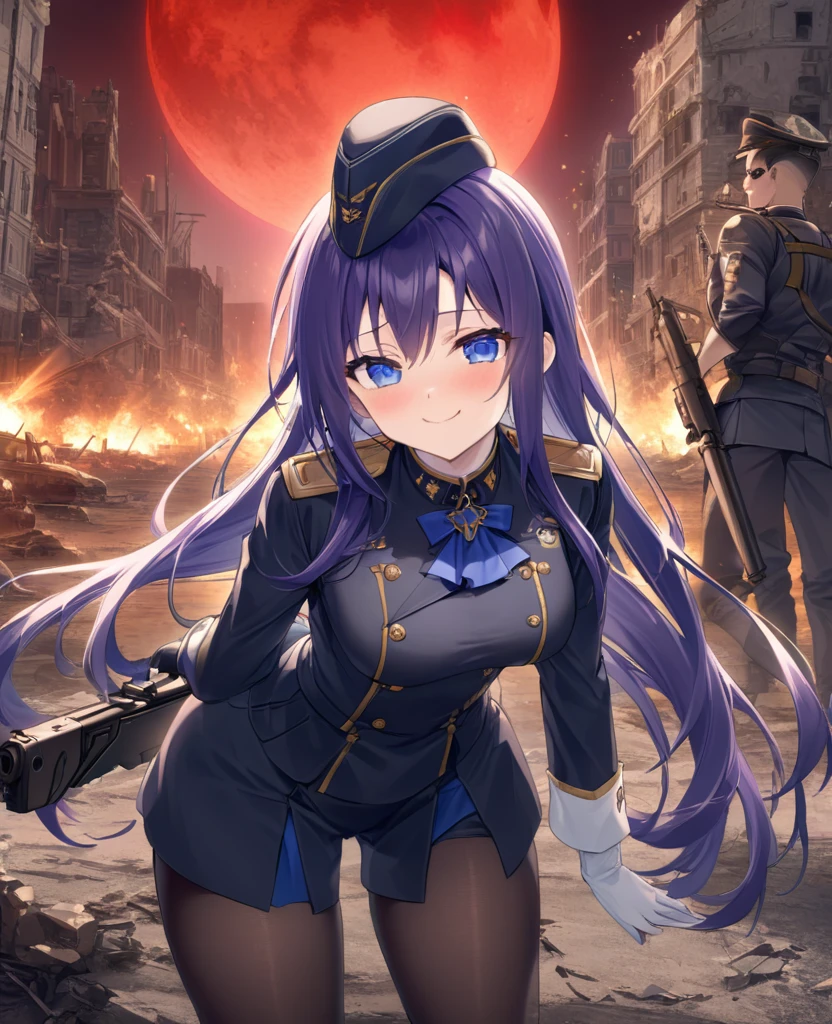 Facing forward　girl　Military uniforms with a white base and some black　Spectacular Background　A shooting star is falling　Beautiful night view　　　She is on the right　On the left you can see the destroyed city.　He has a gun　　　服にはplaneが描かれています　背景の上部にはFighterが飛んでいます　Red Moon　blue eyes　　There is one person　Purple long hair　wearing a military cap　war　I'm wearing pants　Precision　masterpiece　girlにクローズアップ　girlを正面から見ています　ponytail　long hair　soldier　battlefield　{超Precision} Satanic　　Smiling gently　Kind eyes　Anime Style　 {war} {Gunfight} {Fighterの擬人化} Fighter　tank　Battleship　plane　Thunder Day　Mechanical Man　宇宙Battleshipヤマトの武装をつけています　Gentle expression　F-16Fighterの翼を背中につけています　tankがいます　　　The corners of the mouth are slightly raised　The mouth is closed　The mouth is small　cute