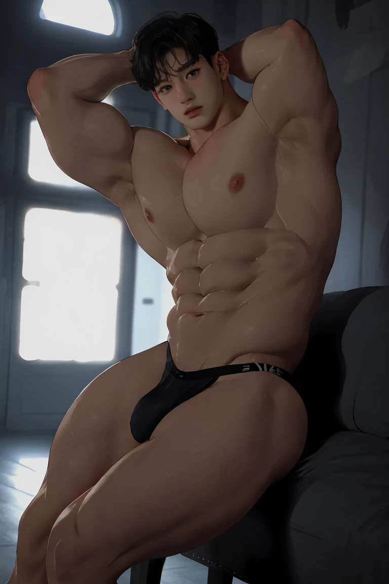 jungkook, 1 man, pele lisa, muscular chest, large bulge, natural pose, legs apart, detailed facial features, beautiful eyes, sharp jawline, chiseled abs, slim waist, realistic lighting, dramatic shadows, cinematic composition, moody colors, dramatic lighting, photorealistic, hyper detailed, 8k, best quality, professional photography