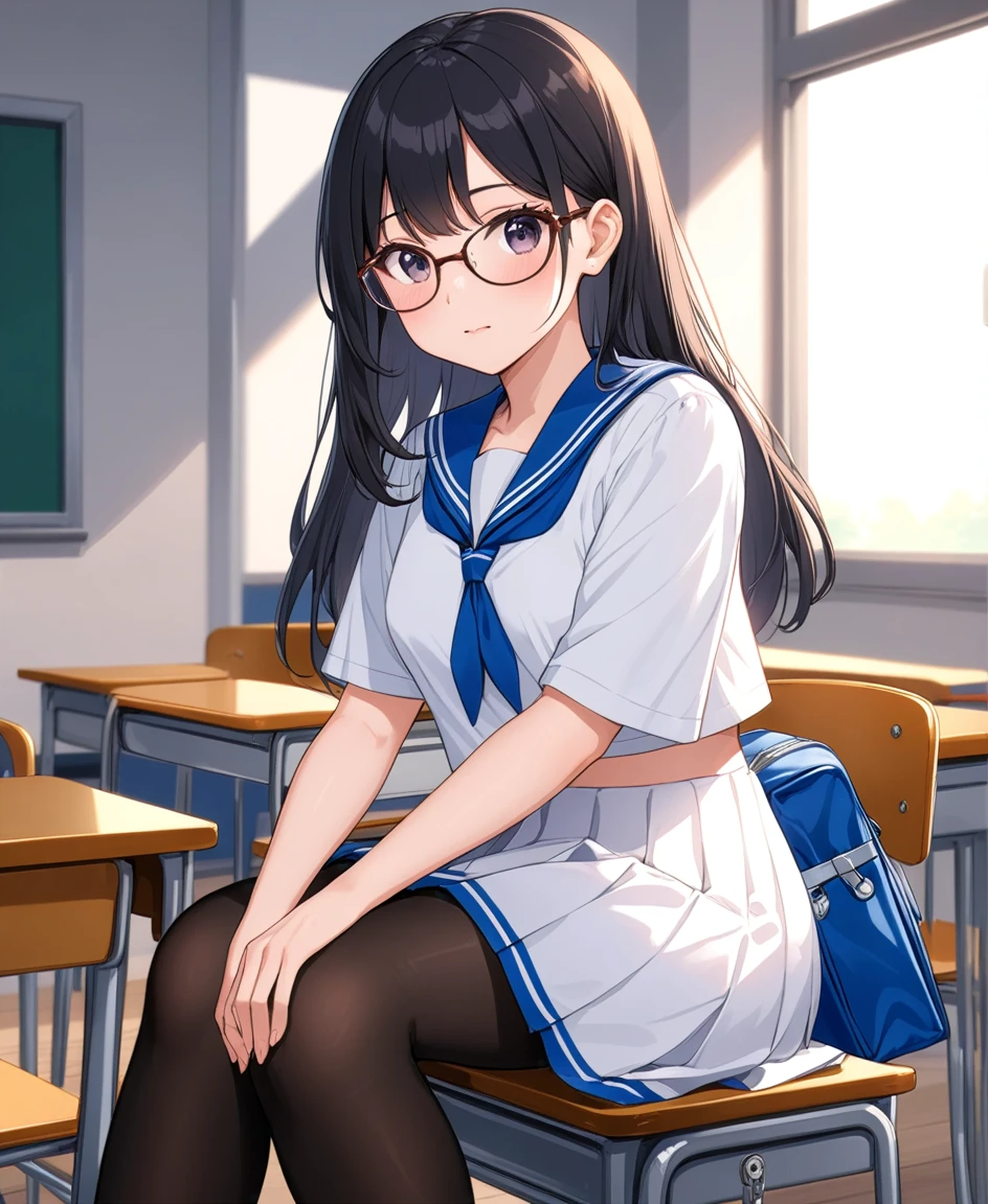 so beautiful, Two-tone lighting, a school girl in white skirt and blouse on school desk holding a blue hand bag, 1girl, solo, pantyhose, , bag, skirt, school desk, glasses, school bag, indoors, desk, long hair, blue skirt, serafuku, sitting, chair, classroom, black hair, no shoes, white shirt, black pantyhose