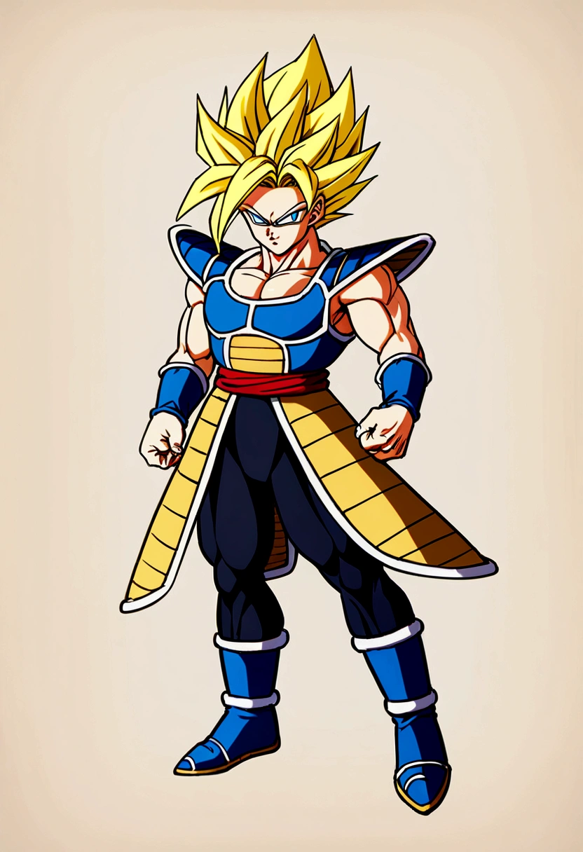 Super Saiyan, Male, yellow hair, blue eyes, saiyan armor, full body image