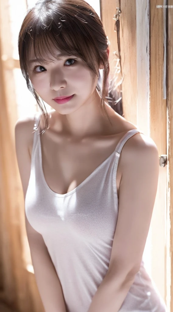 Innocent 20 year old girl、((White tank top, Dramatic poses)),Smile,short-cut,Natural park、Raw photo, (8K、top-quality、masterpiece:1.2)、(intricate detailes:1.4)、(Photorealsitic:1.4)、octane renderings、Complex 3D rendering ultra detail, Studio Soft Light, Rim Lights, vibrant detail, super detailing, realistic skin textures, Detail Face, Beautiful detail eyes, Very detailed CG Unity 16k wallpaper, make - up, (detailedbackground:1.2), shinny skin, Full body、 of the breast,(ing with hands folded behind your back、Leaning forward、Angle from above))