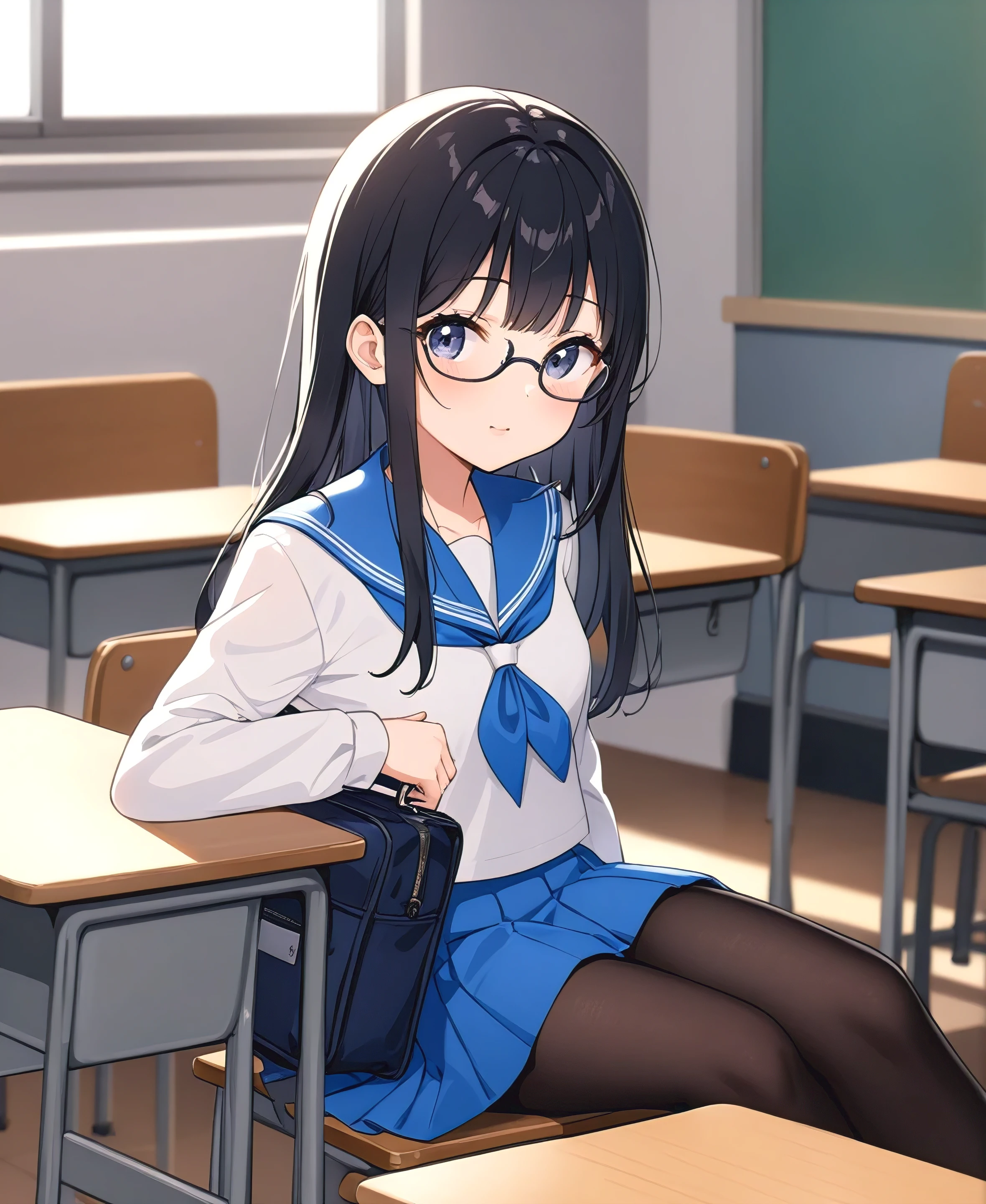 so beautiful, Two-tone lighting, a school girl in white skirt and blouse on school desk holding a blue hand bag, 1girl, solo, pantyhose, , bag, skirt, school desk, glasses, school bag, indoors, desk, long hair, blue skirt, serafuku, sitting, chair, classroom, black hair, no shoes, white shirt, black pantyhose