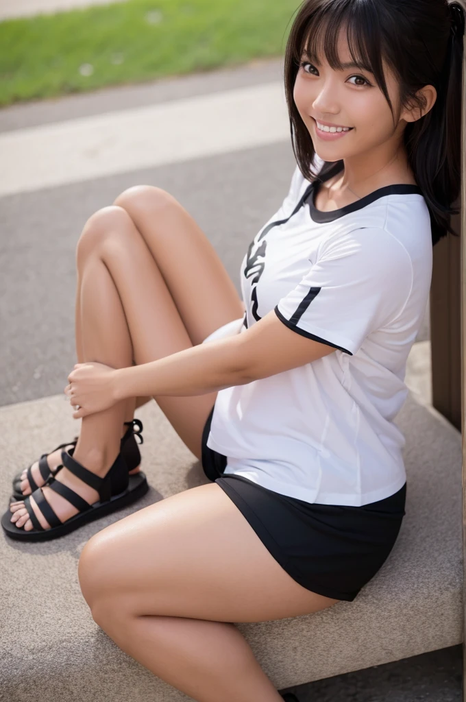 ,(tanned skin:1.3), japanese female,mascular thighs,sport jersey short pants,white t-shirt,curvy,at park,sandals,natural black hair,standing,smile,,(thighs focus:1.1),sitting on bed,