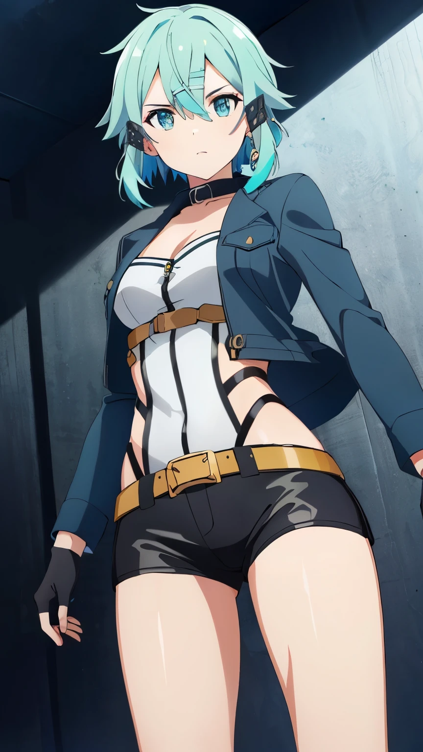 (Top Quality, Masterpiece, 8k:1.2), Ultra Detailed, High Resolution, (Anime:1.2), 1 Girl, Solo, EPsoaSinon, Short Hair, Light Blue Hair, Detailed Jewel Eyes, Hair Between Eyes, (Hair Accessory:1.2), Hair Clip, Side Locks, (blue jacket, black gloves, black shorts, fingerless gloves, blue legwear, jacket, long sleeves, open jacket, short shorts), dynamic Angle, Cowboy Shot,looking at viewer,