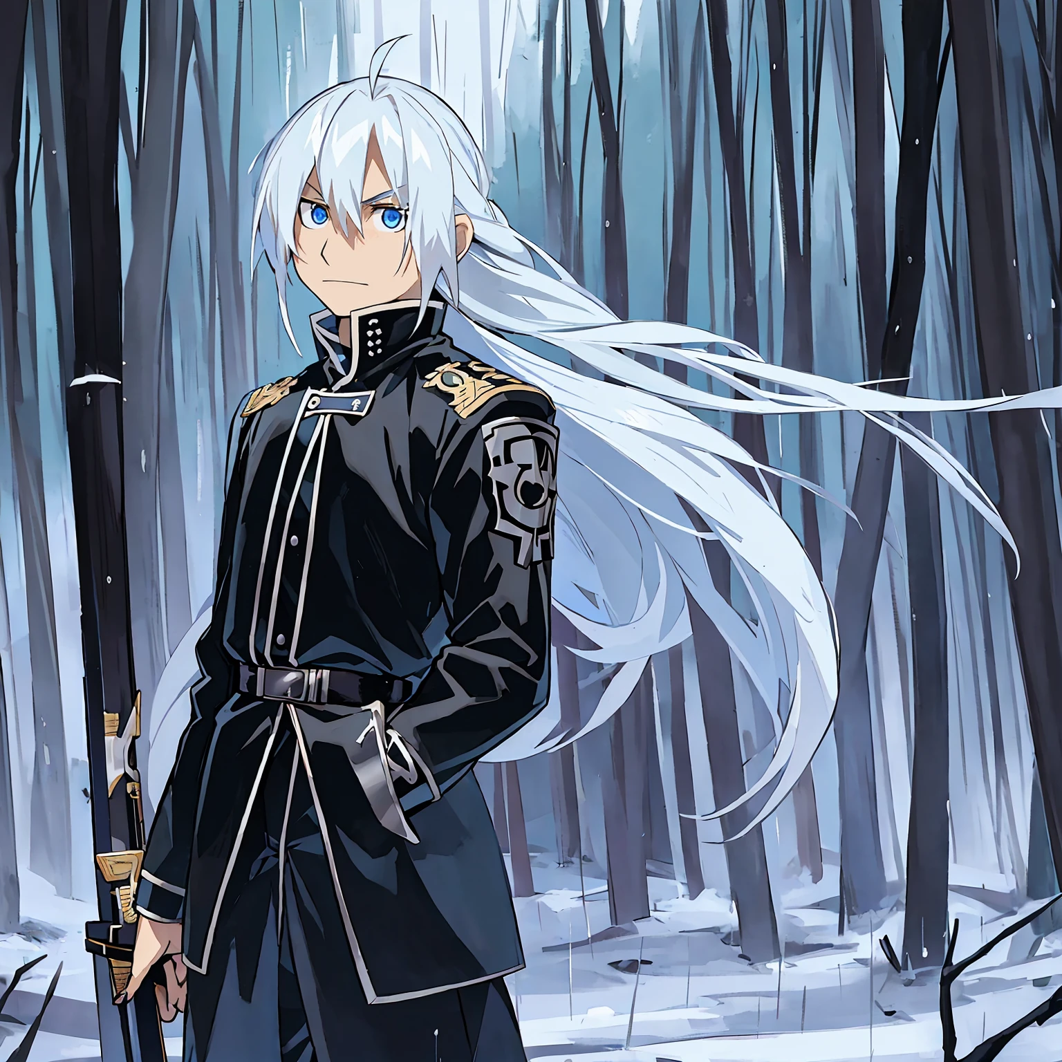 Blue eyes, White hair, Demon Hunter Uniform; similar to a Black Gakuran with a Blue Ribbon on his waist and multiple Magatama accessories along with white boots, Lightning Katana in his hand, Serene expression on his face in a rainy forest