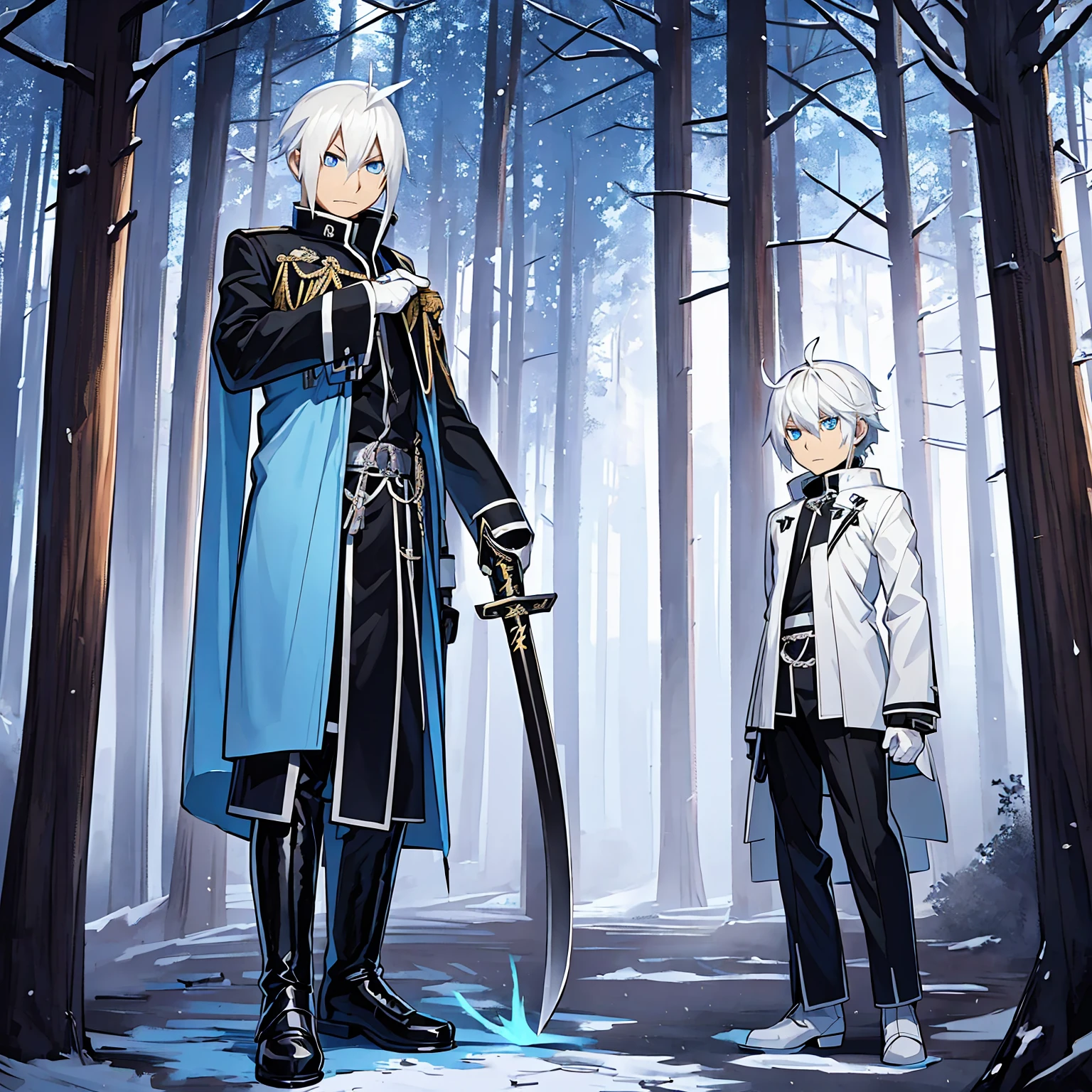 Blue eyes, White hair, Demon Hunter Uniform; similar to a Black Gakuran with a Blue Ribbon on his waist and multiple Magatama accessories along with white boots, Lightning Katana in his hand, Serene expression on his face in a rainy forest